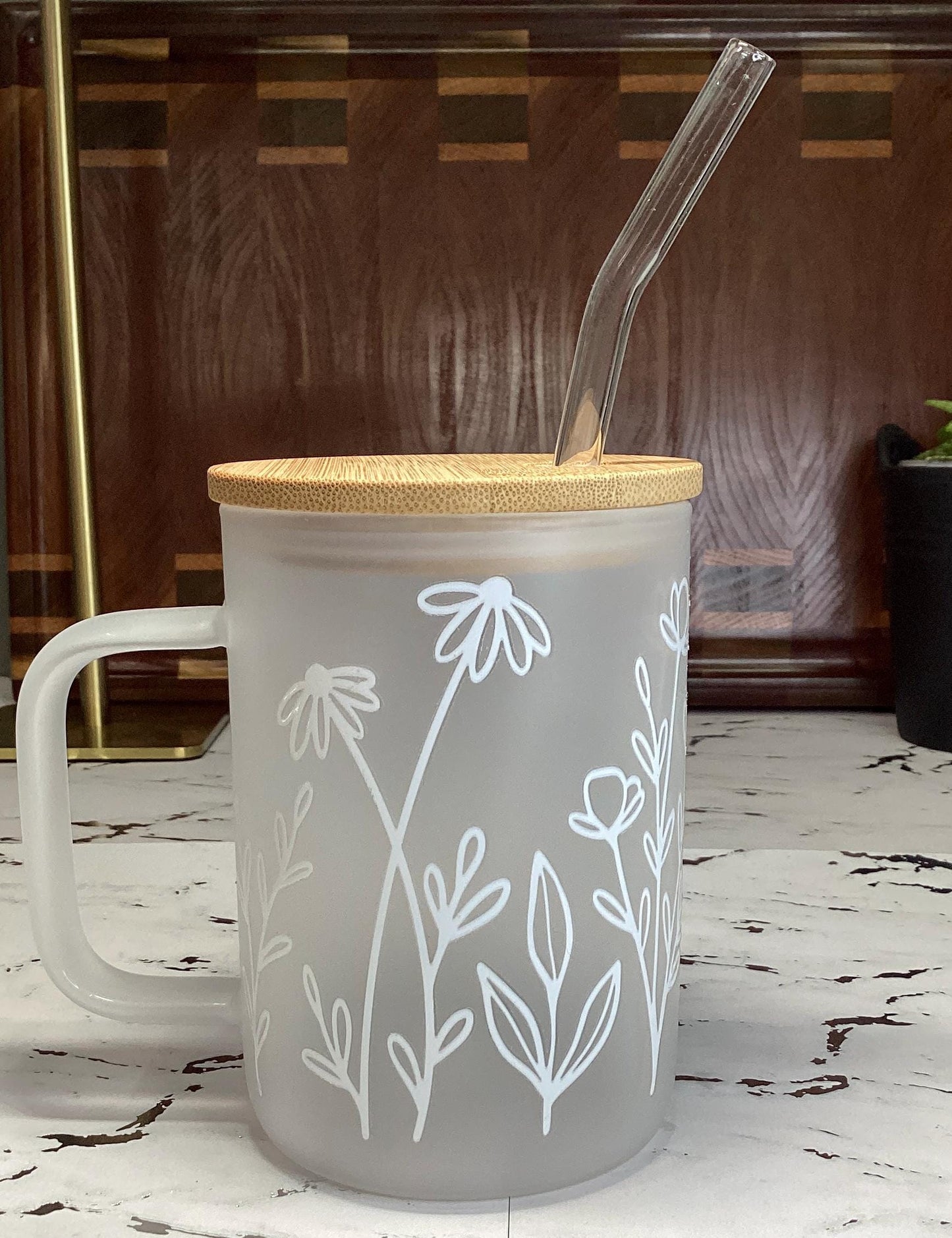 Frosted Glass Mug: 16 oz Floral Design, Birthday Gift