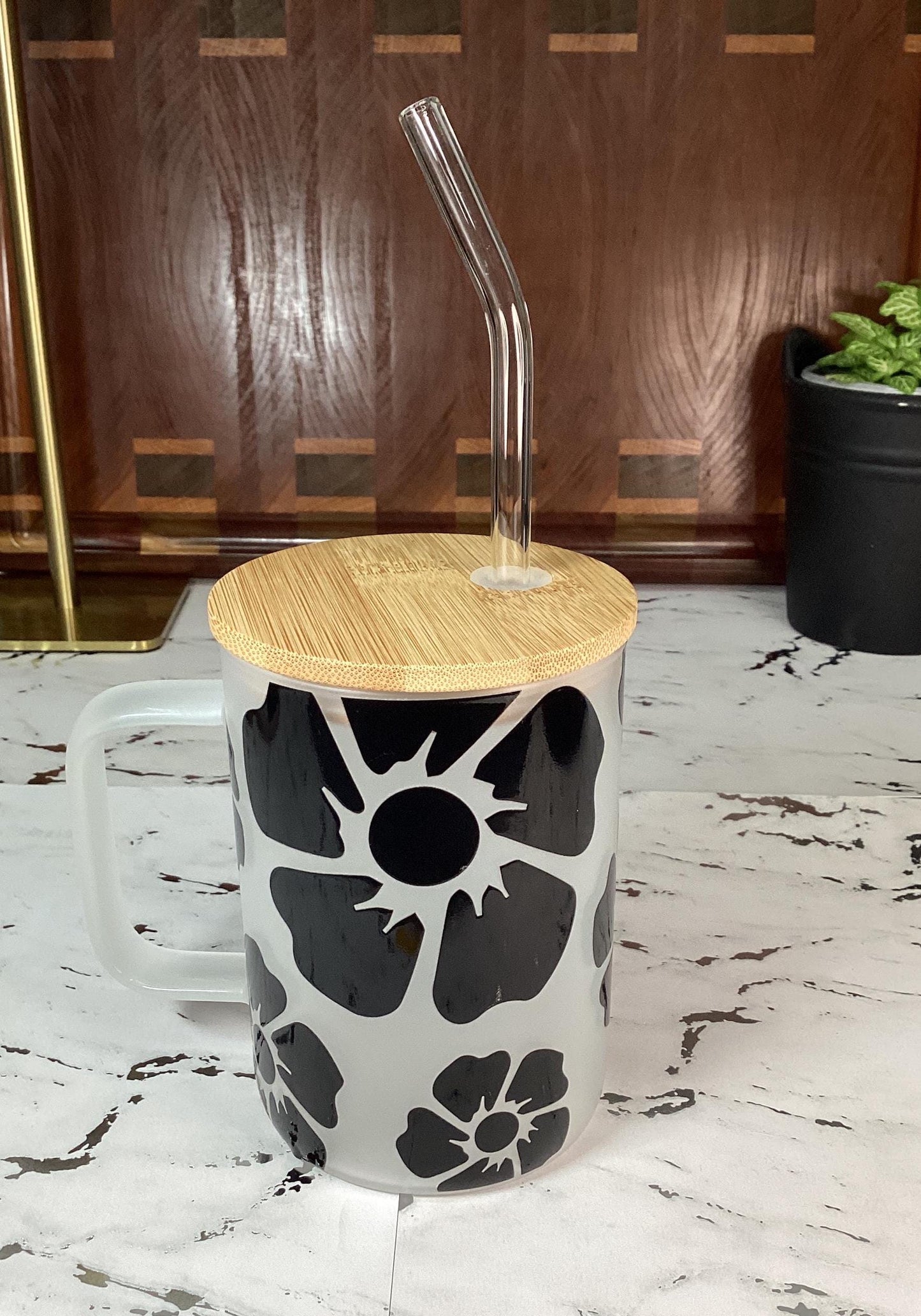 Black Flower Glass Mug with Bamboo Lid and glass straw 16 oz