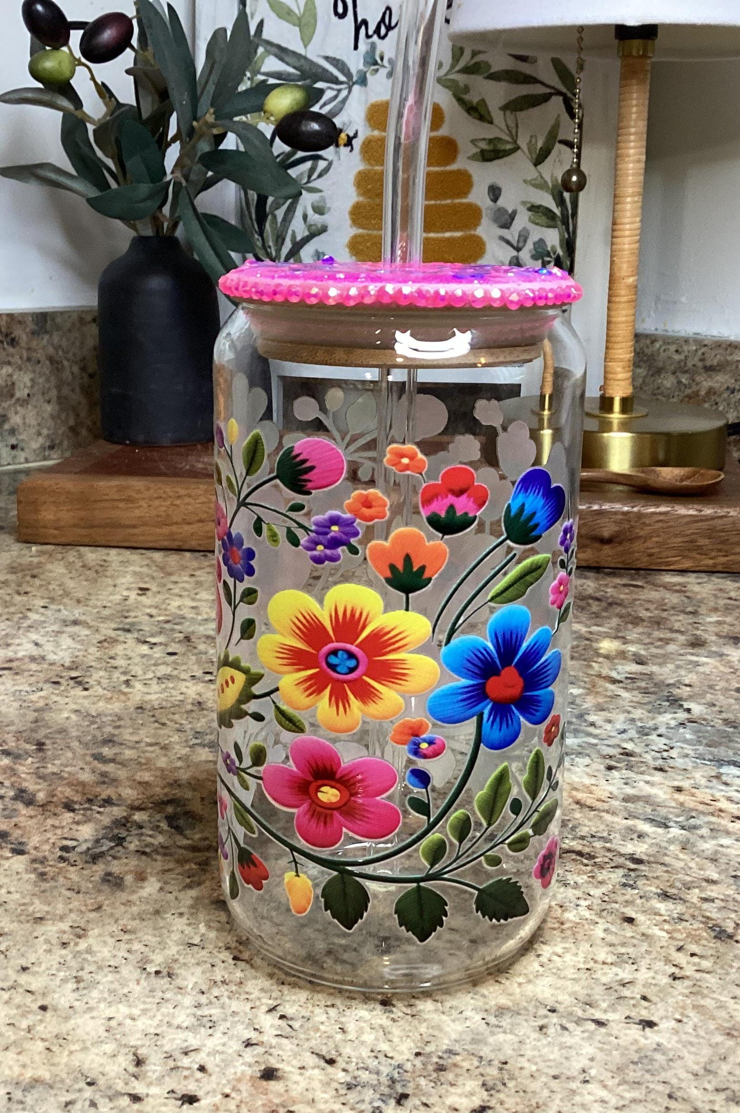 Mexican Flowers Glass Mug 16 oz, with upgrade bamboo Lid, Glitter Lid Topper w/ glass straw, Pink Lid with rhinestones