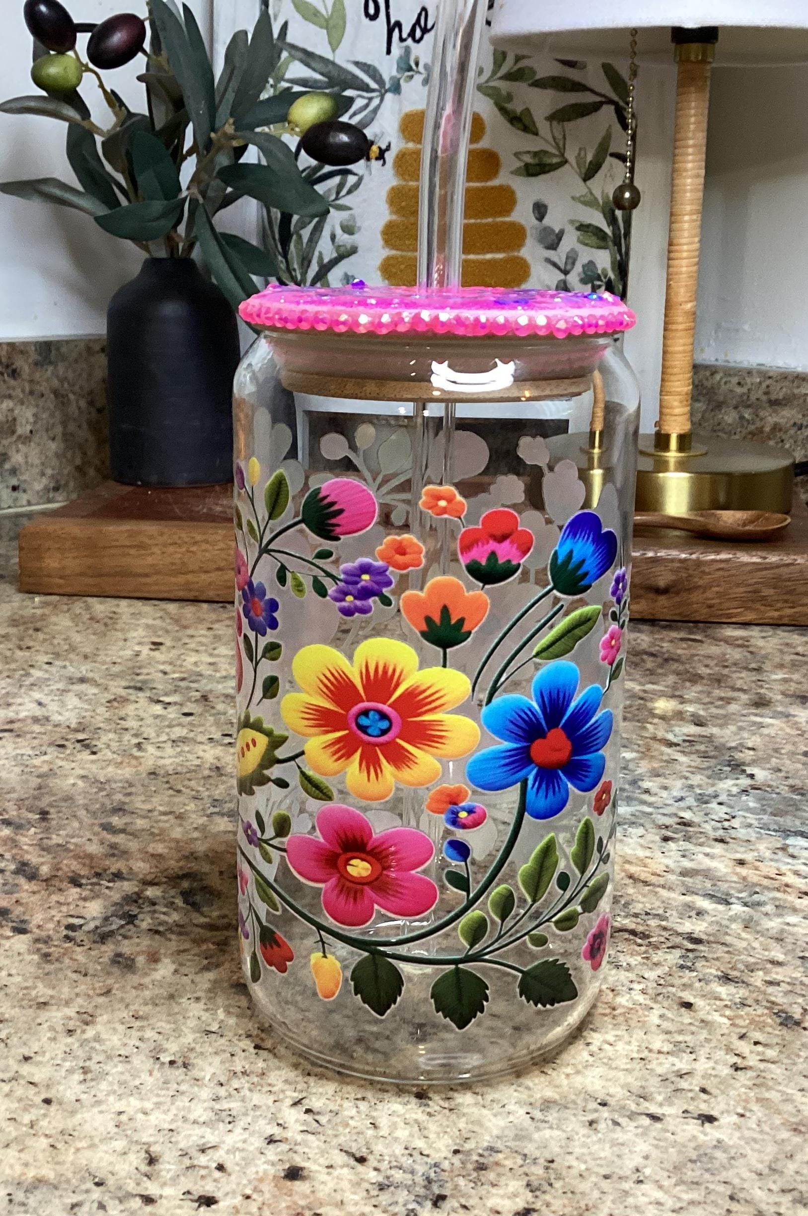 Mexican Flowers Glass Mug 16 oz, with upgrade bamboo Lid, Glitter Lid Topper w/ glass straw, Pink Lid with rhinestones