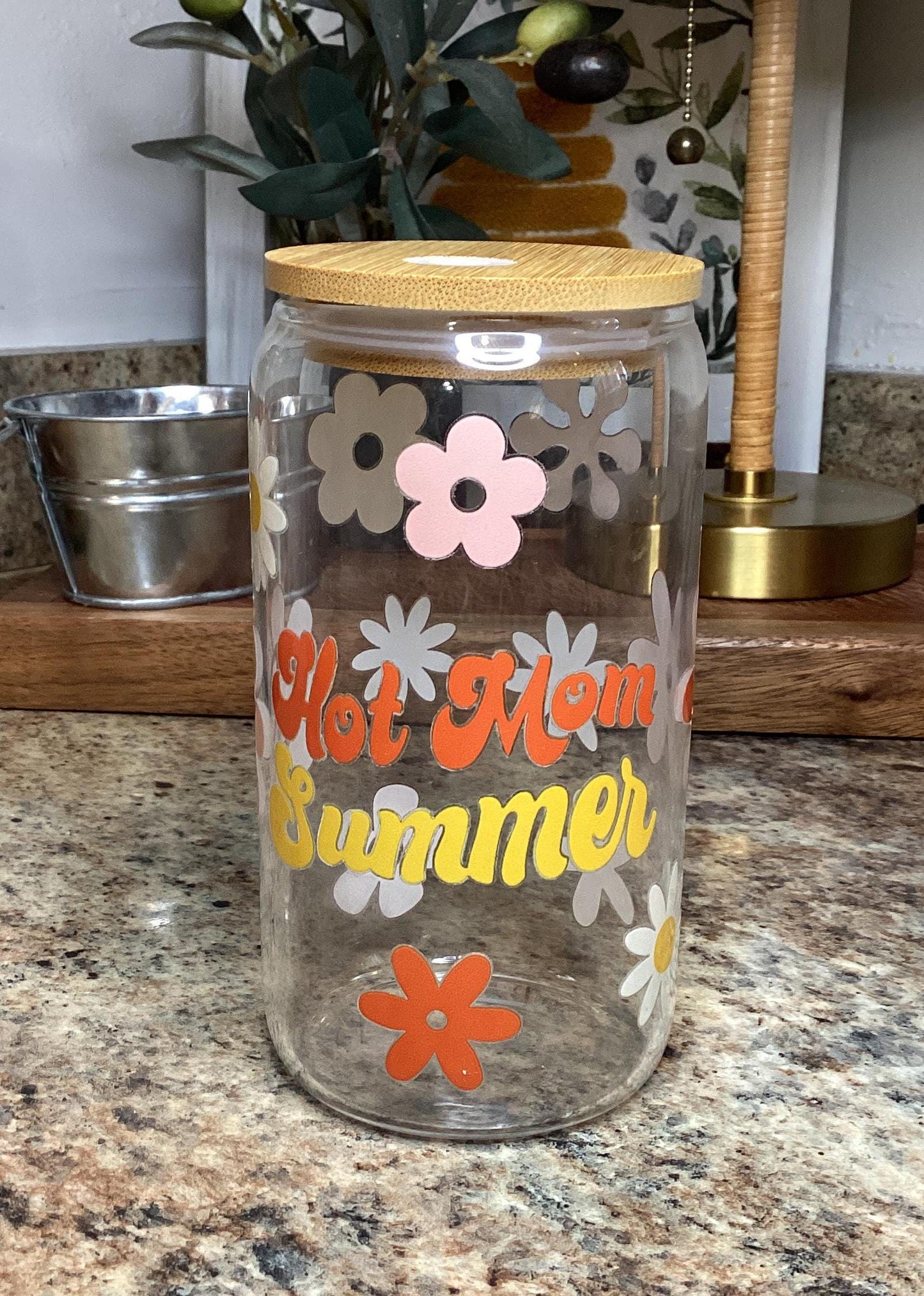 Hot Mom Summer Glass Mug: Floral 16 oz Clear Mug with Straw