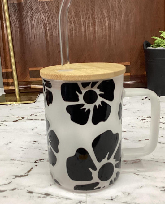 Black Flower Glass Mug with Bamboo Lid and glass straw 16 oz