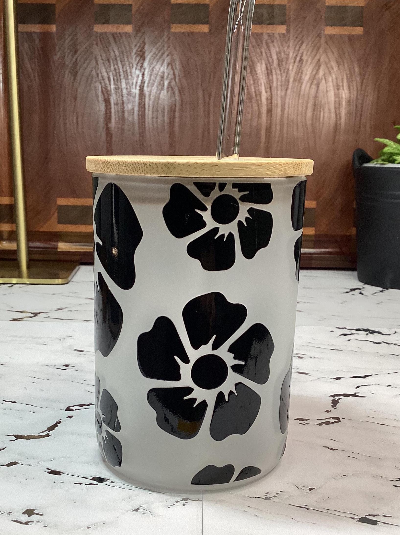 Black Flower Glass Mug with Bamboo Lid and glass straw 16 oz
