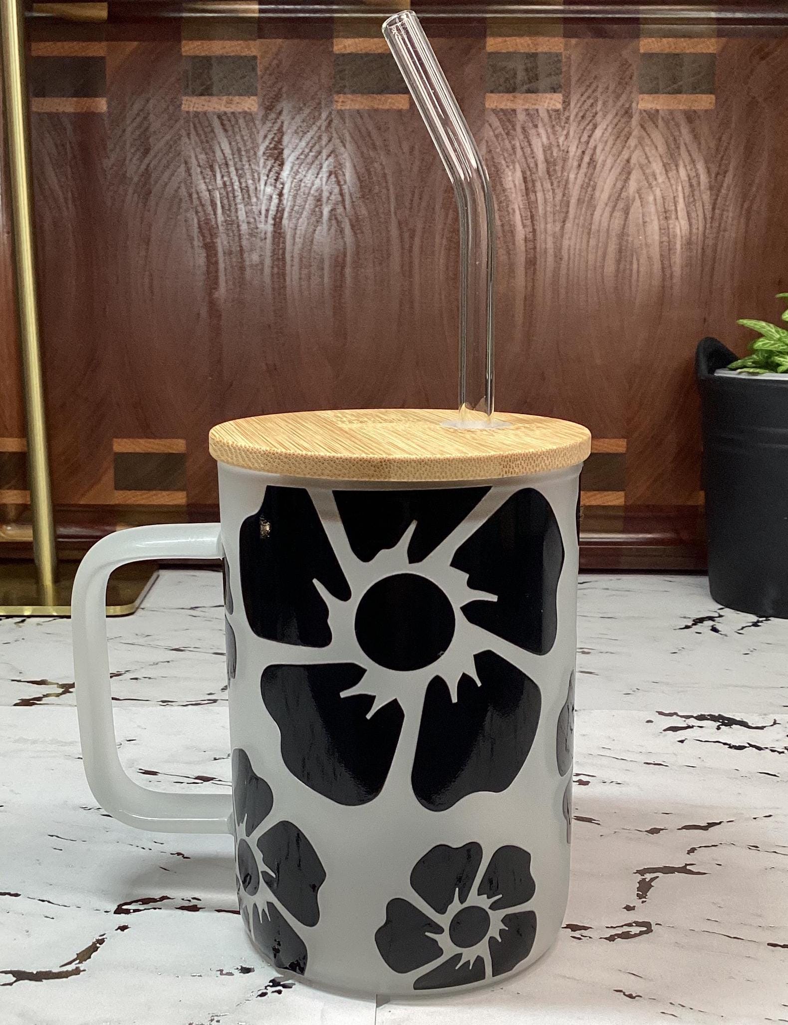 Black Flower Glass Mug with Bamboo Lid and glass straw 16 oz