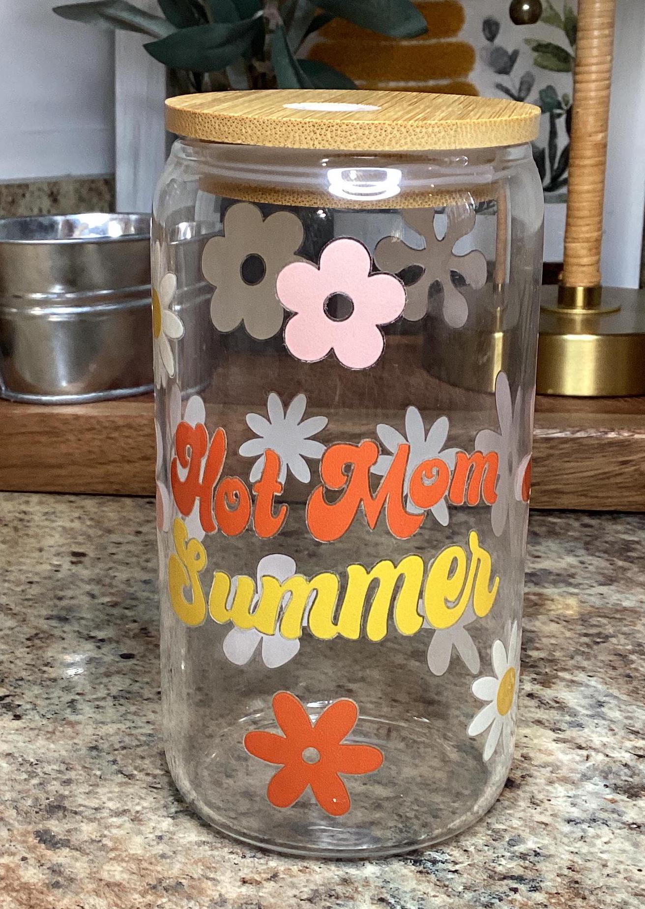 Hot Mom Summer Glass Mug: Floral 16 oz Clear Mug with Straw