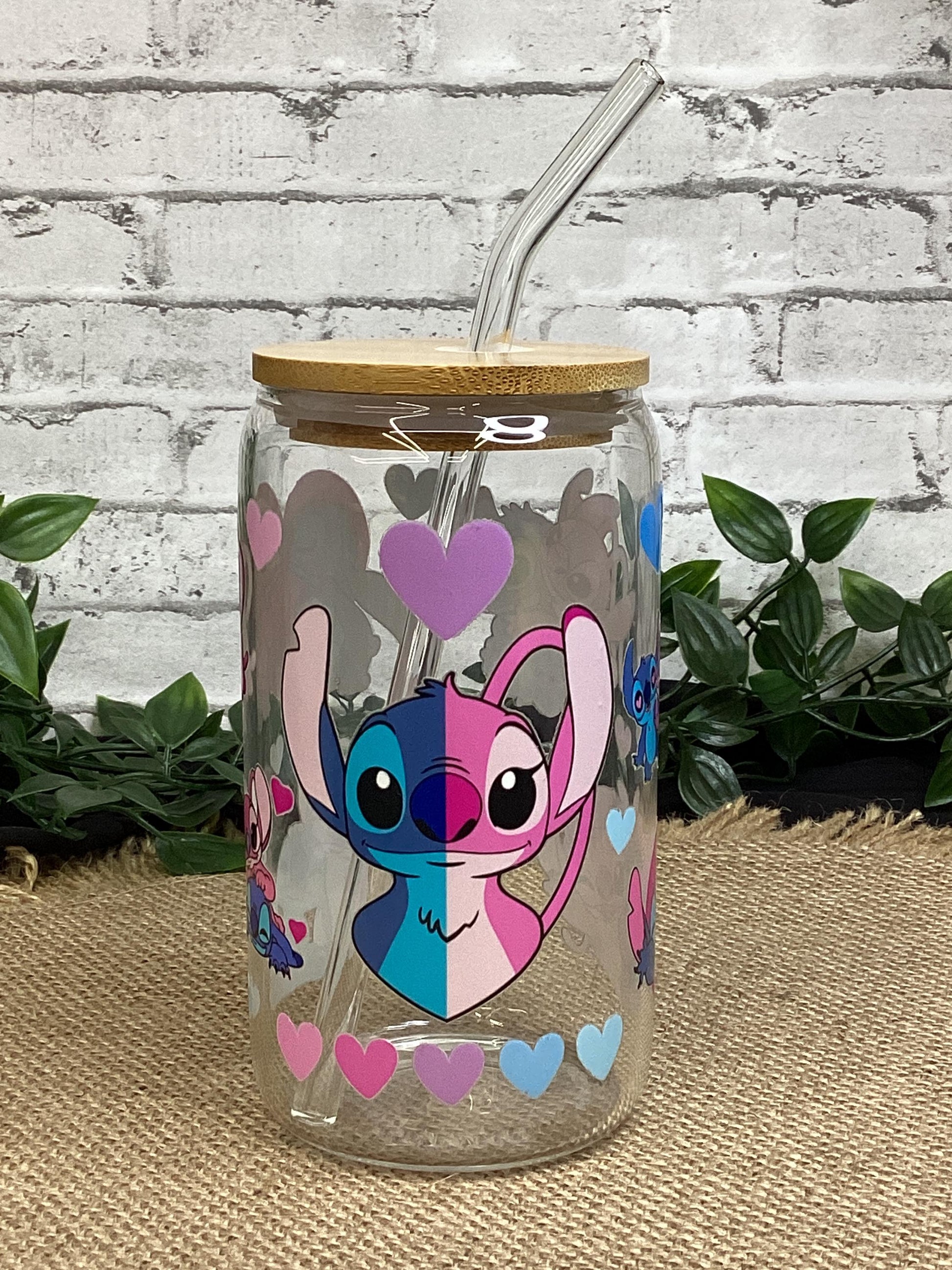 Cute Stitch Glass Mug 16 oz, Pink and Blue Stitch Glass Cup w/ bamboo Lid and glass straw