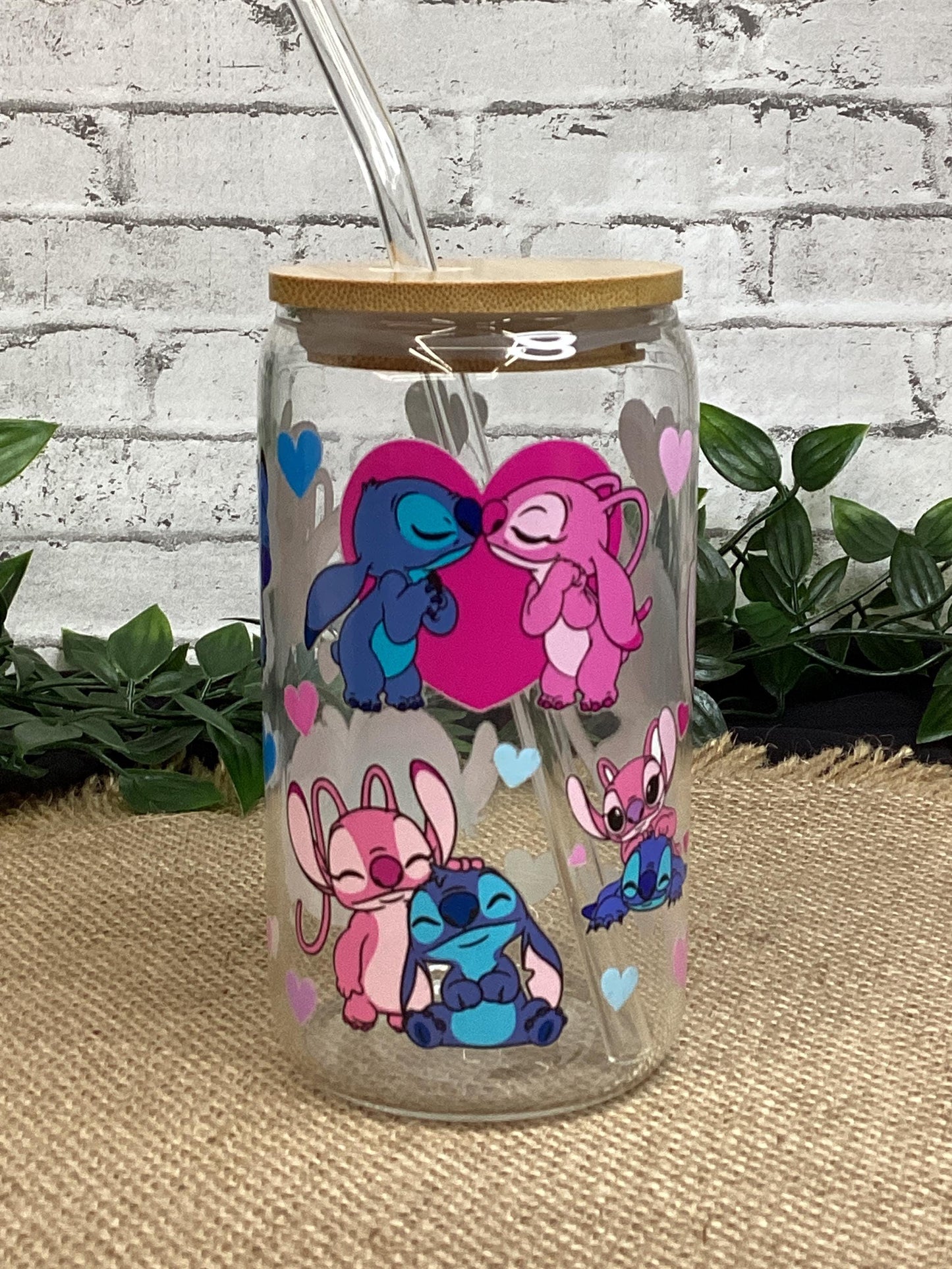 Cute Stitch Glass Mug 16 oz, Pink and Blue Stitch Glass Cup w/ bamboo Lid and glass straw