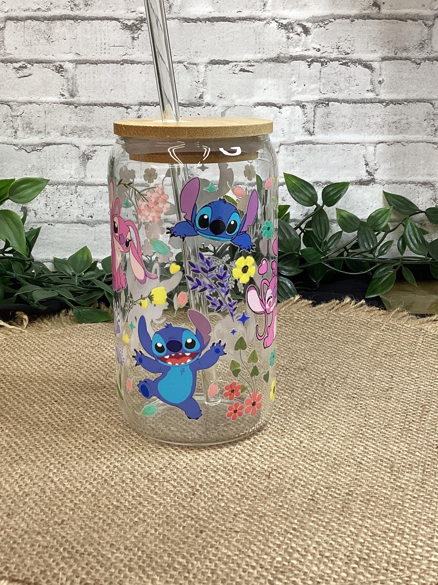 Little Stitch Glass Mug 16 oz w/ straw - Stitch and flowers Glass Can
