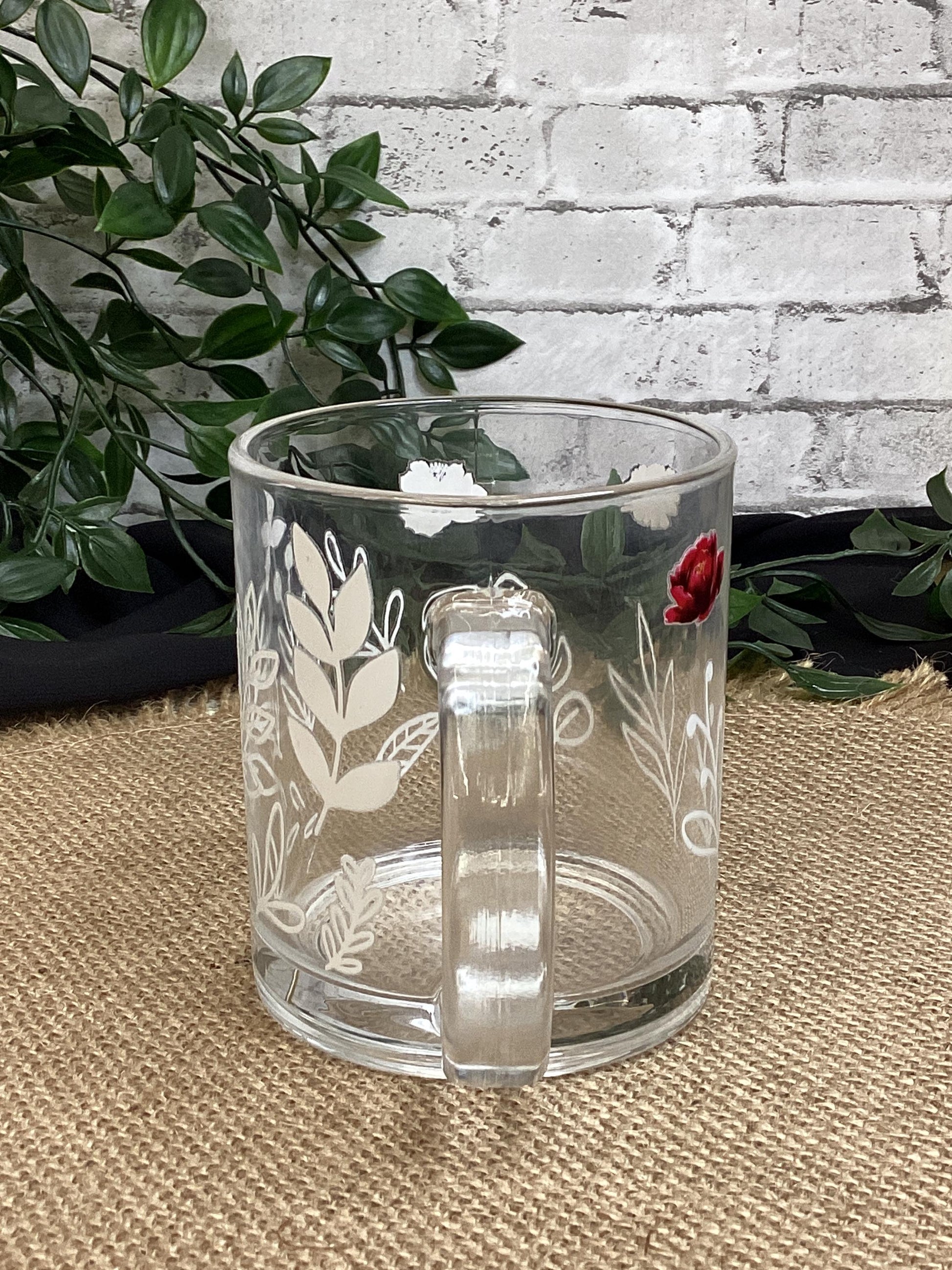 White Leaf with Various Flowers Glass Mug – 11oz