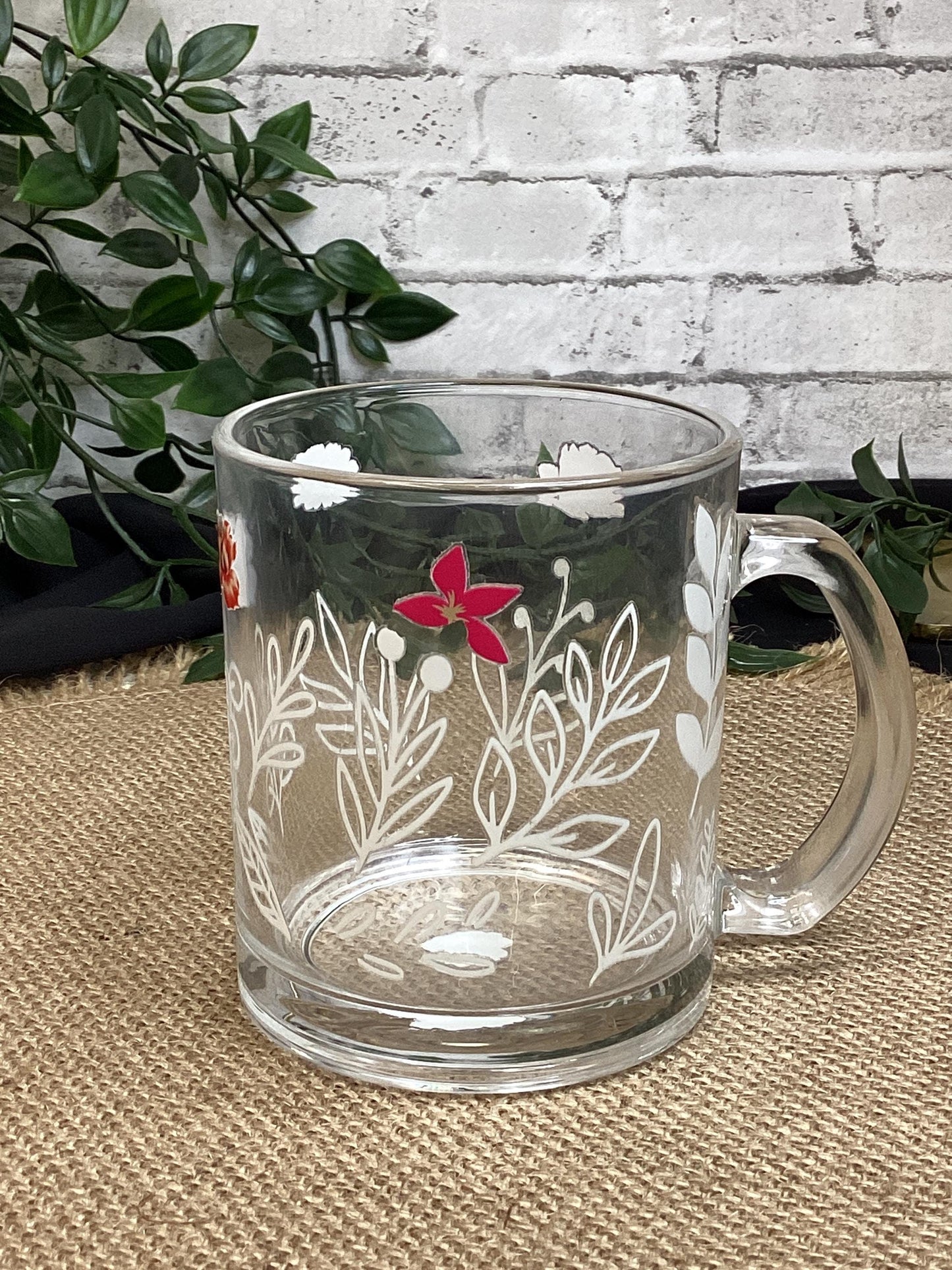 White Leaf with Various Flowers Glass Mug – 11oz