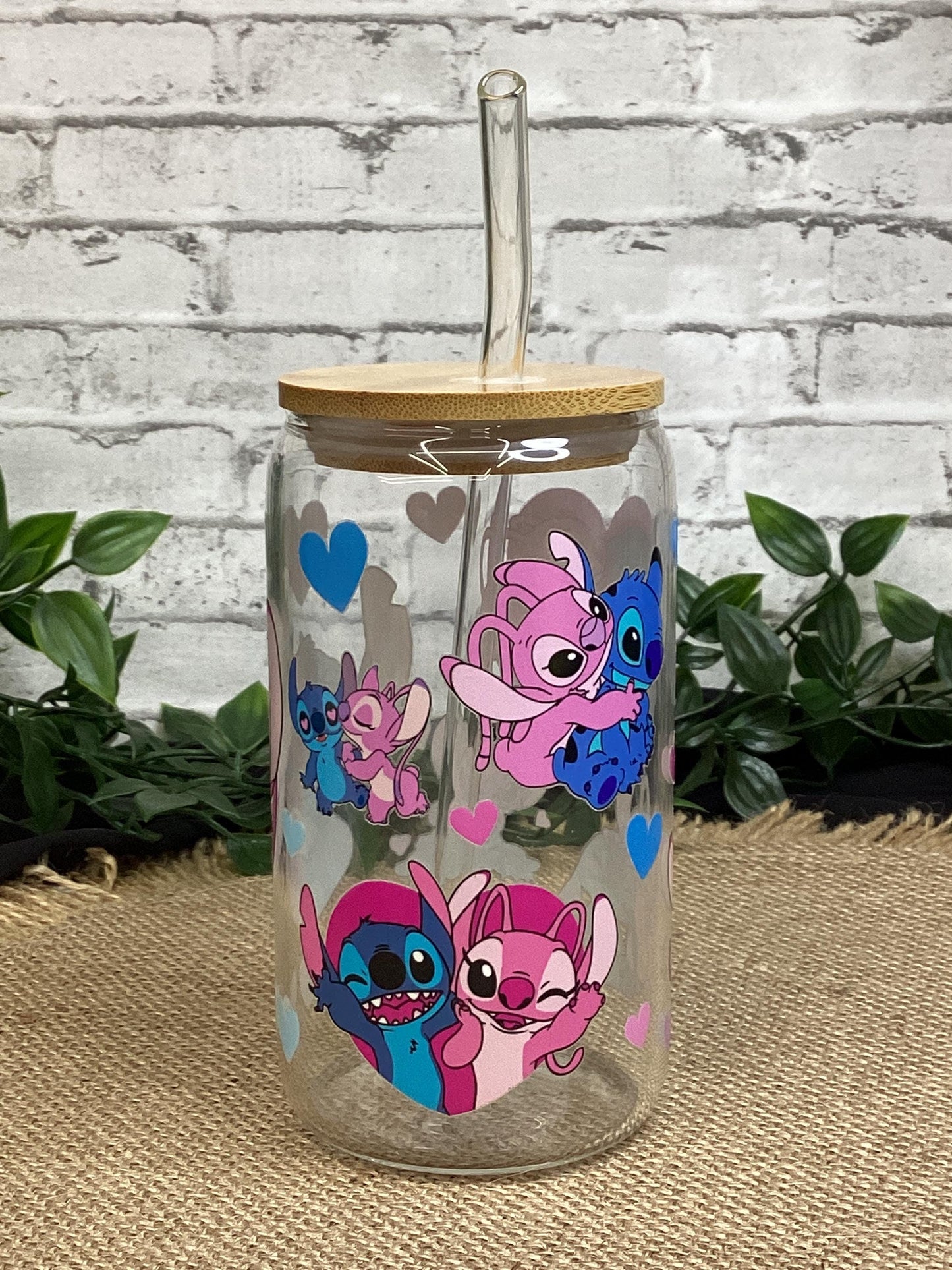 Cute Stitch Glass Mug 16 oz, Pink and Blue Stitch Glass Cup w/ bamboo Lid and glass straw