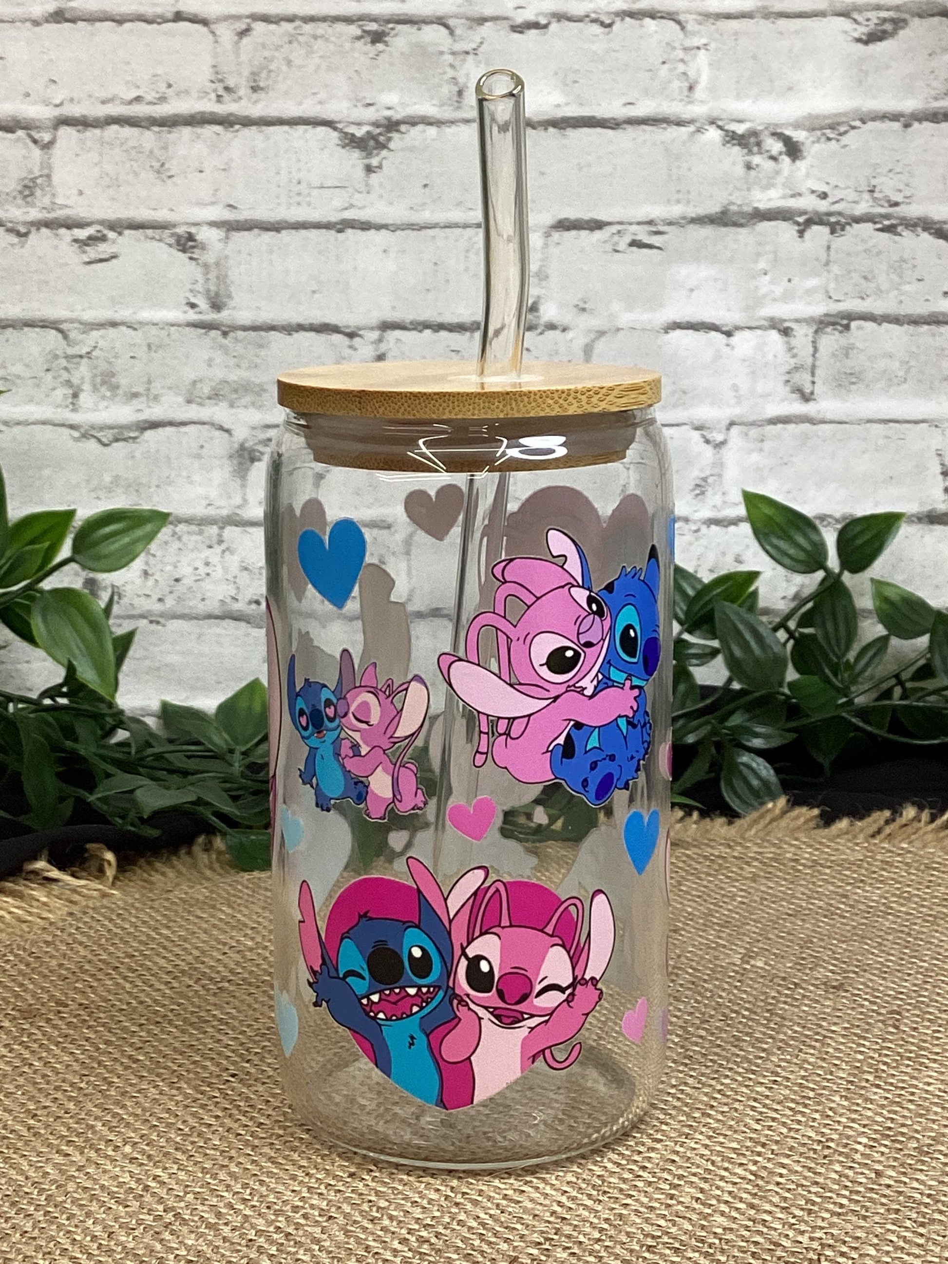 Cute Stitch Glass Mug 16 oz, Pink and Blue Stitch Glass Cup w/ bamboo Lid and glass straw