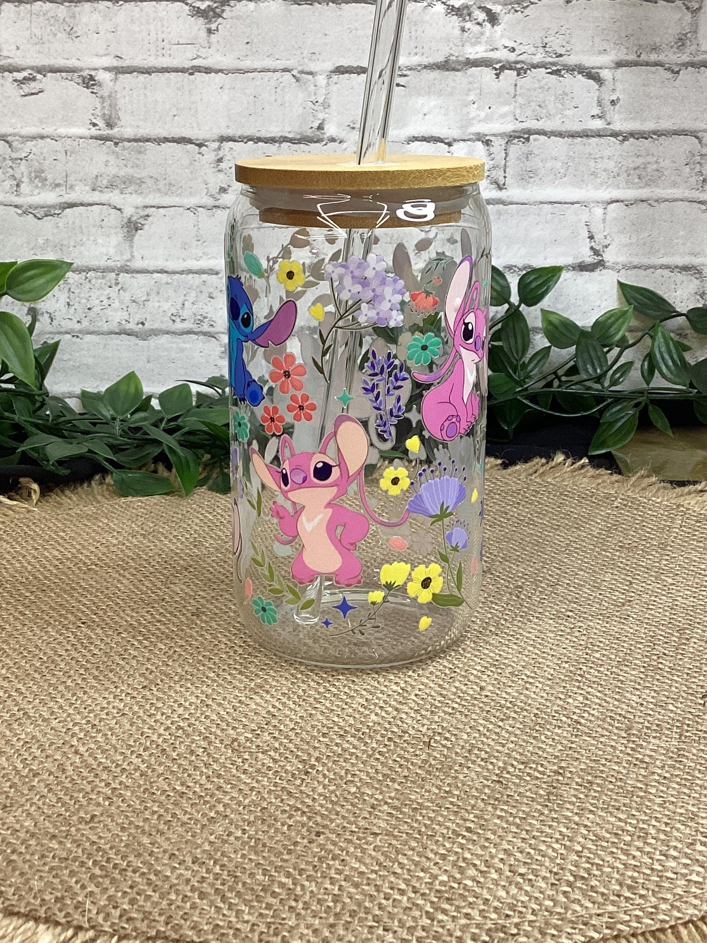 Little Stitch Glass Mug 16 oz w/ straw - Stitch and flowers Glass Can