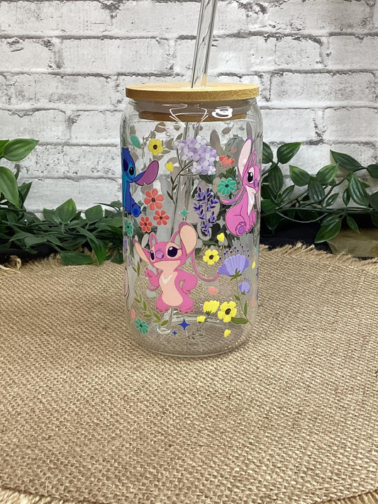 Little Stitch Glass Mug 16 oz w/ straw - Stitch and flowers Glass Can