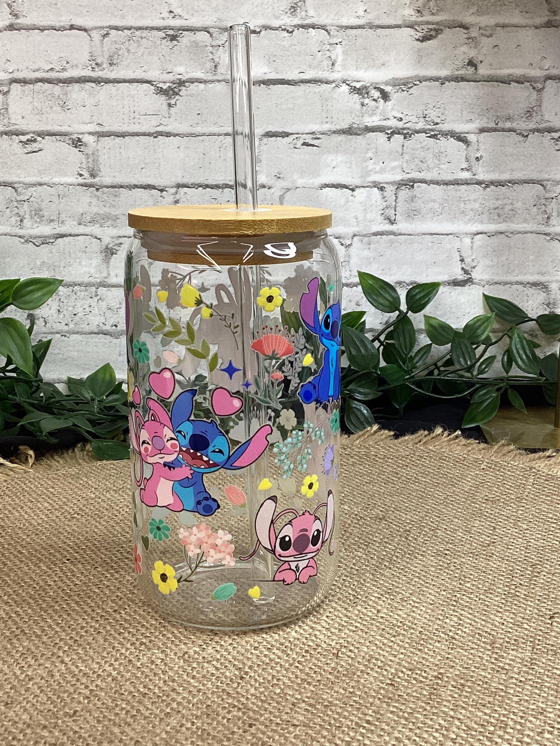 Little Stitch Glass Mug 16 oz w/ straw - Stitch and flowers Glass Can