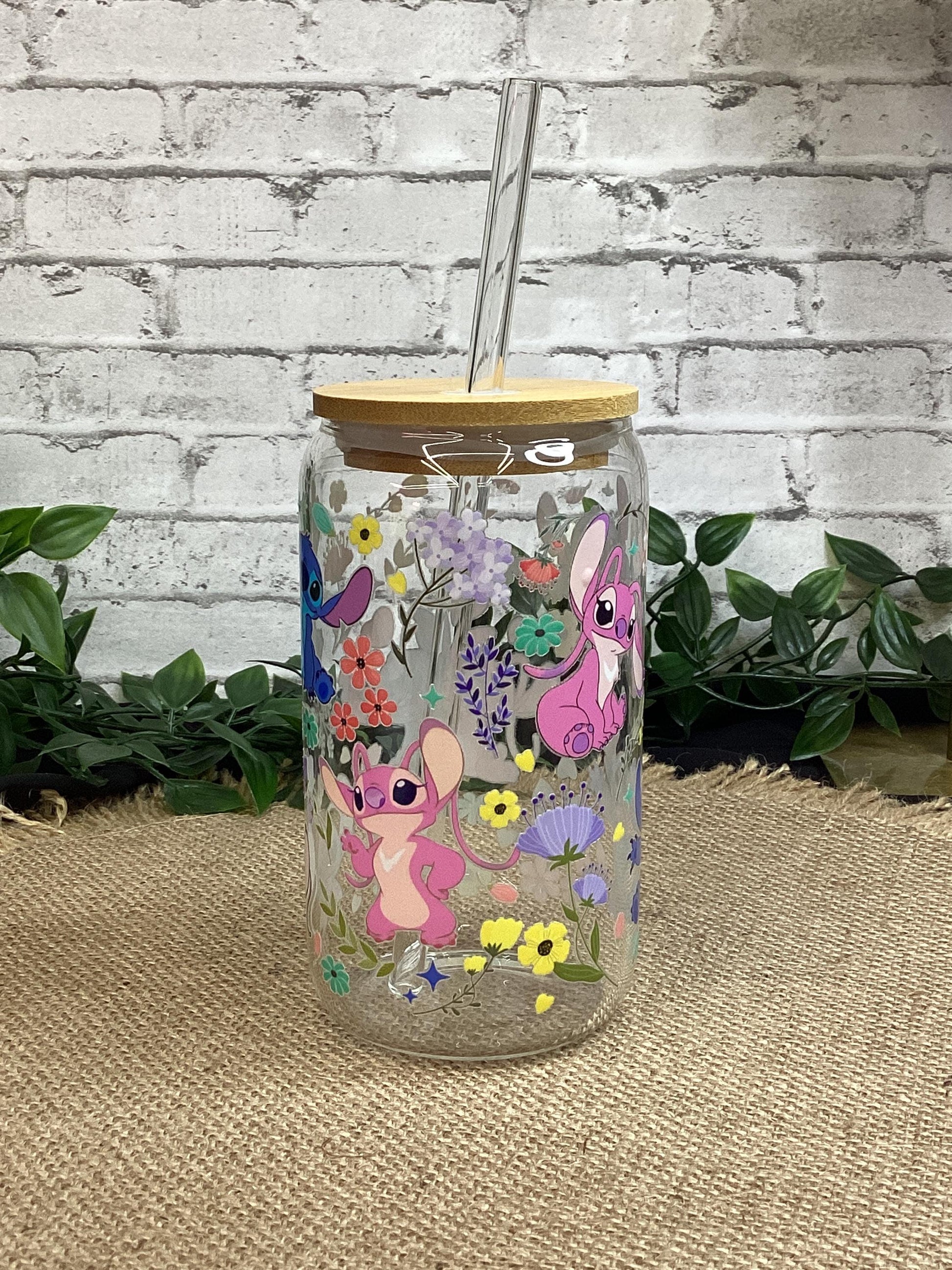 Little Stitch Glass Mug 16 oz w/ straw - Stitch and flowers Glass Can