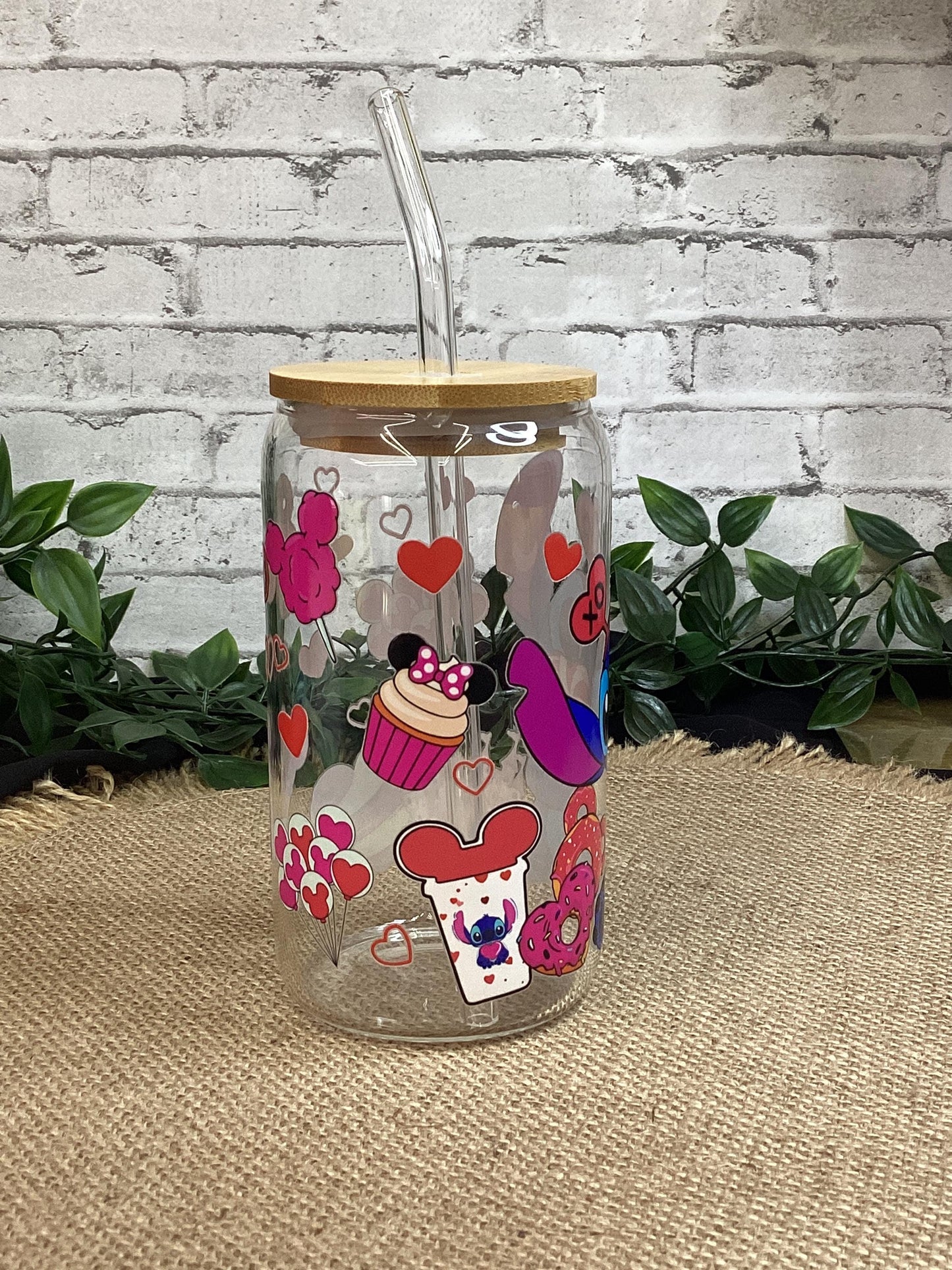 Stitch with drinks & cakes 16 oz Glass Can, XOXO Stitch Glass Mug, Love in the air with little Stitch Glass