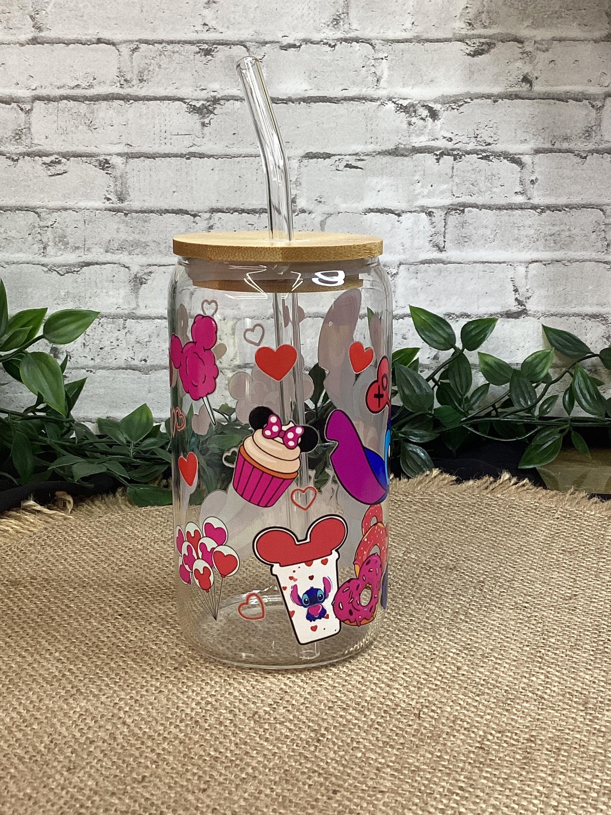 Stitch with drinks & cakes 16 oz Glass Can, XOXO Stitch Glass Mug, Love in the air with little Stitch Glass