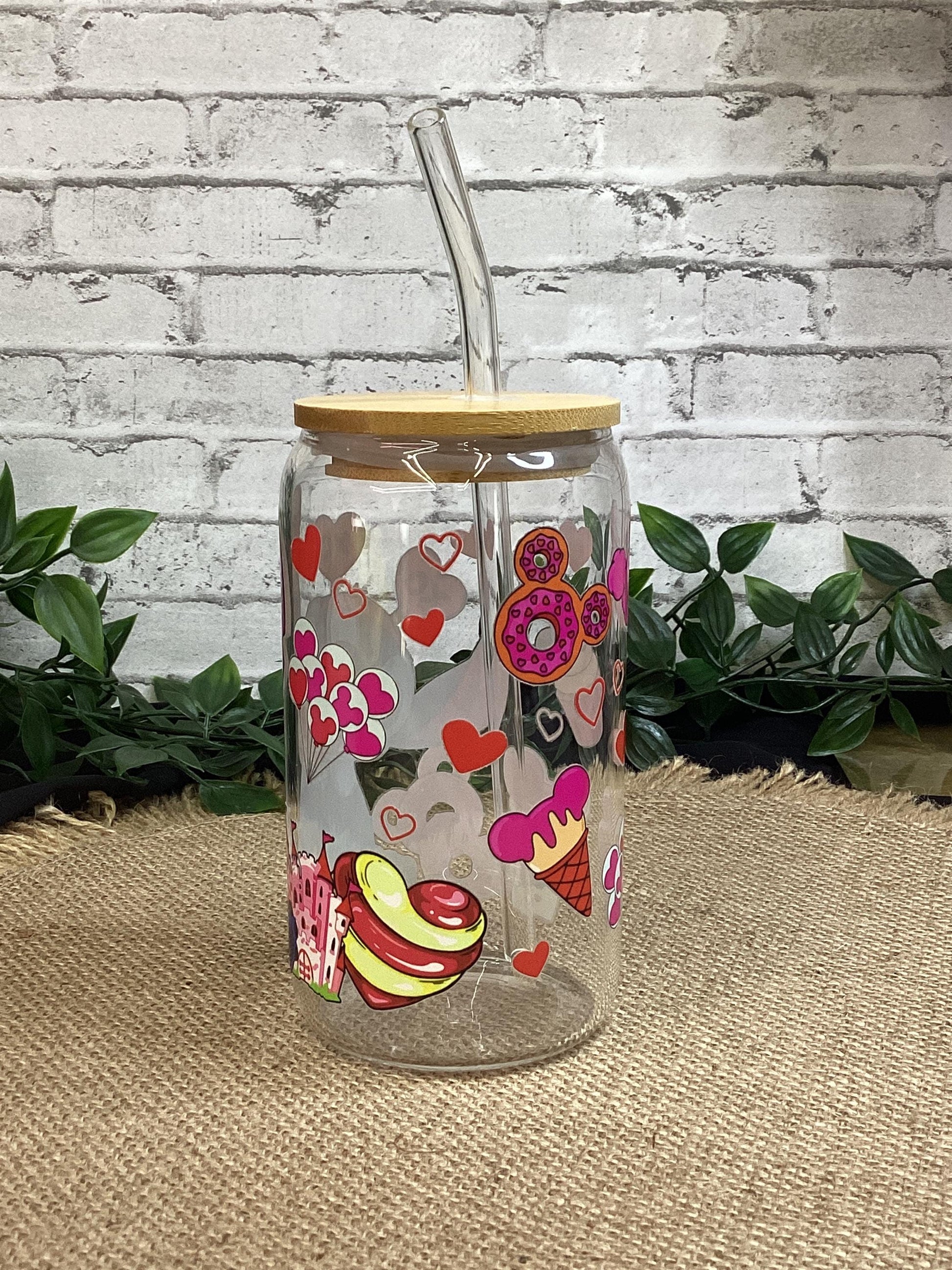 Stitch with drinks & cakes 16 oz Glass Can, XOXO Stitch Glass Mug, Love in the air with little Stitch Glass