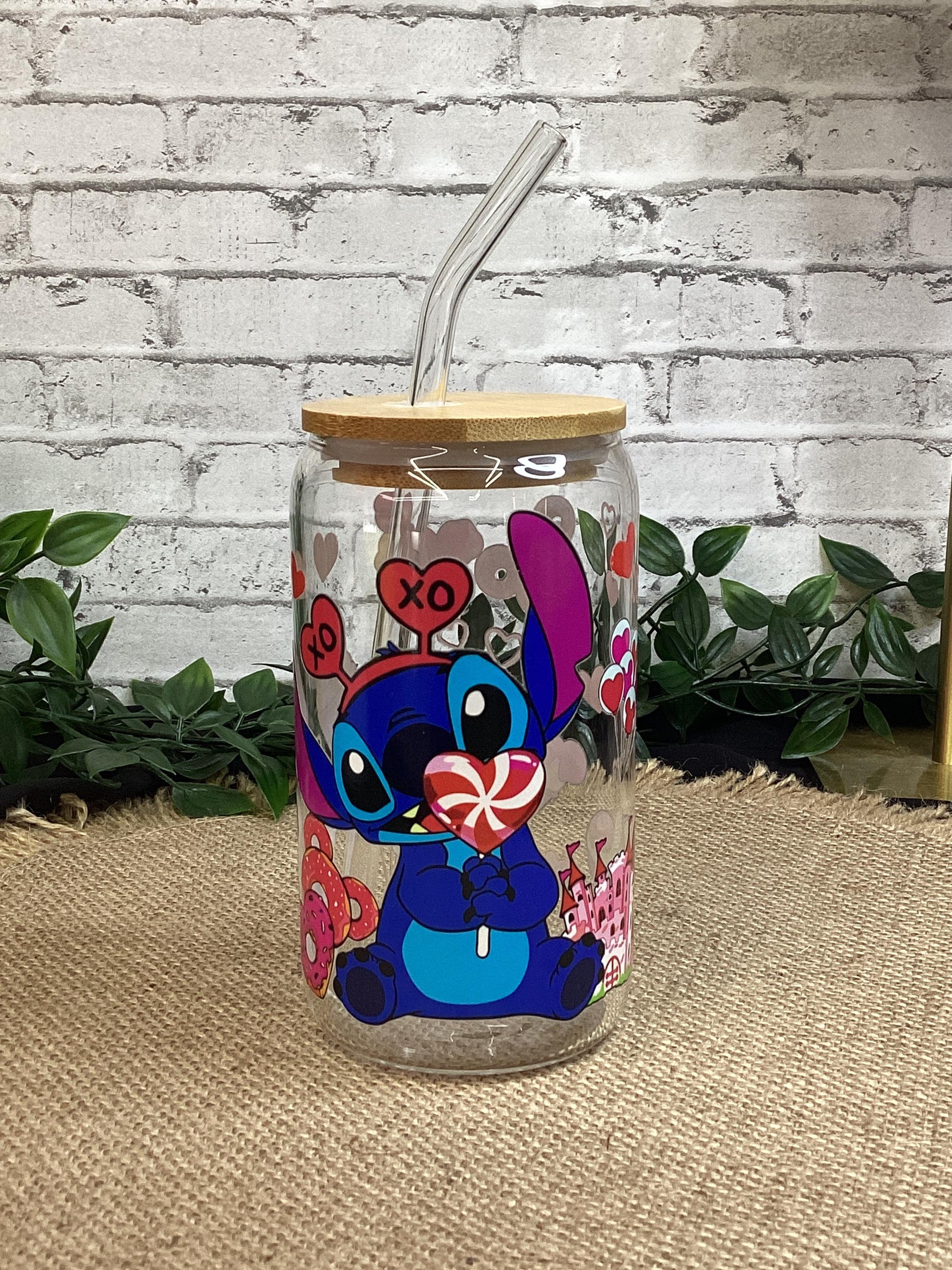 Stitch with drinks & cakes 16 oz Glass Can, XOXO Stitch Glass Mug, Love in the air with little Stitch Glass