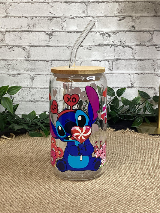 Stitch with drinks & cakes 16 oz Glass Can, XOXO Stitch Glass Mug, Love in the air with little Stitch Glass