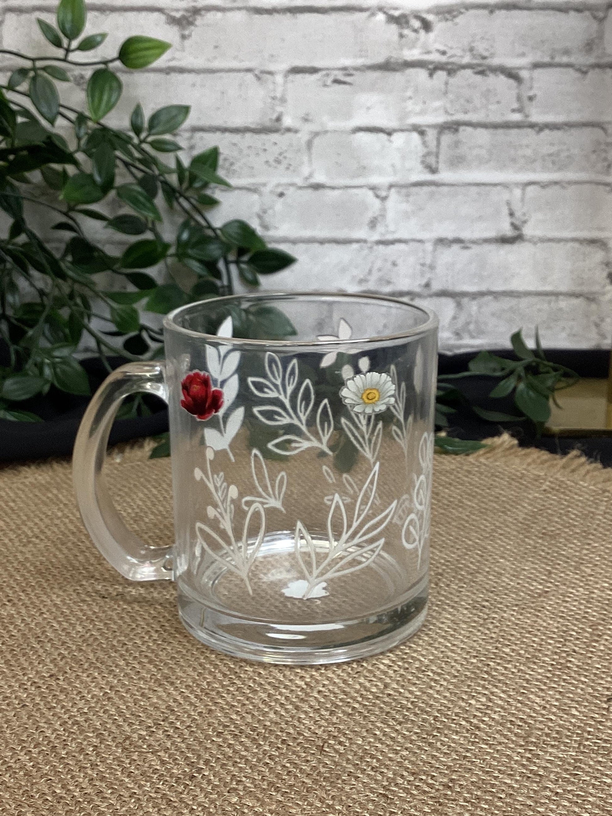 White Leaf with Various Flowers Glass Mug – 11oz