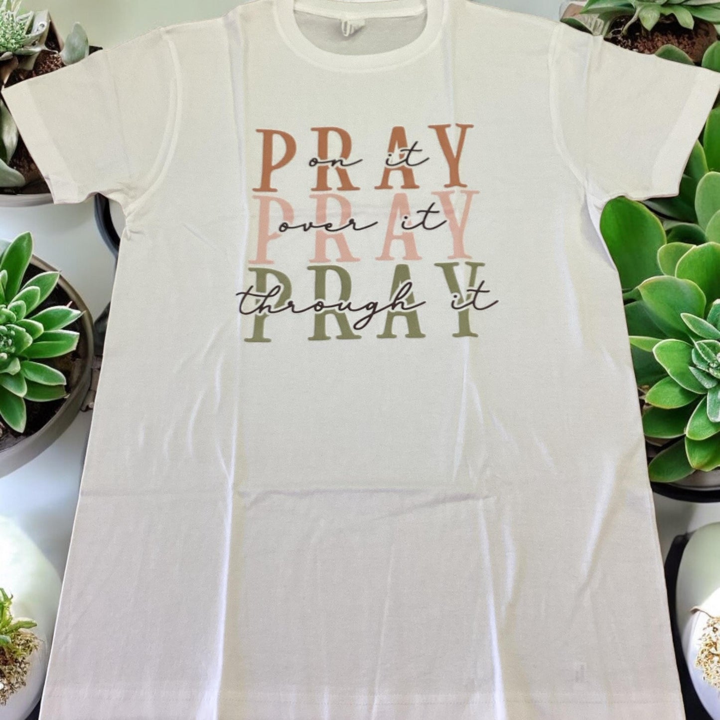 Pray on it over through it !!!!!! White T-shirt Medium size 100 % cotton