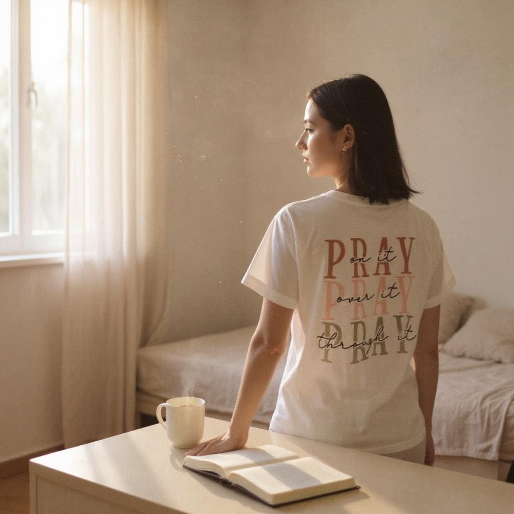 Pray on it over through it !!!!!! White T-shirt Medium size 100 % cotton