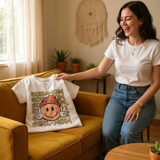 Girl Mom T-Shirt: Happy Face Graphic Tee - Size Large