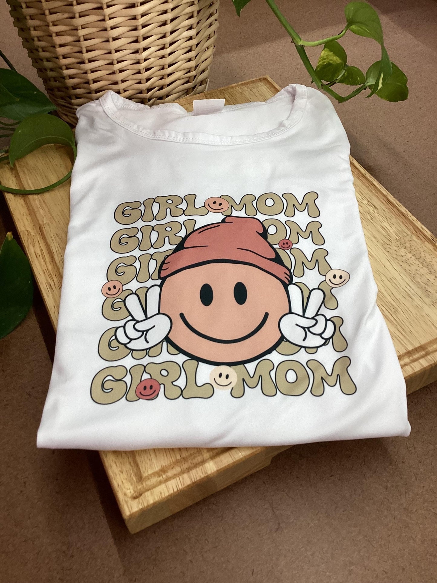 Girl Mom T-Shirt: Happy Face Graphic Tee - Size Large