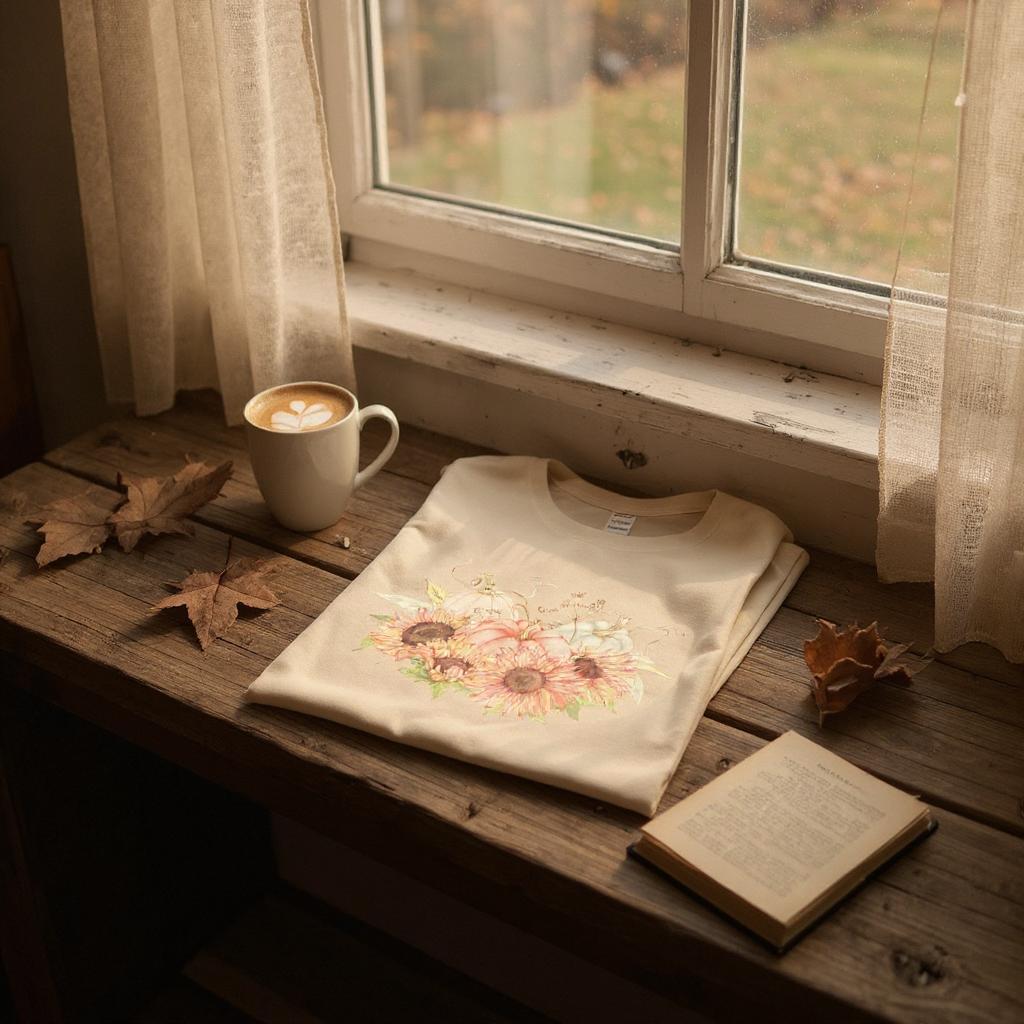 Sunflower & Pumpkins T-Shirt: Cream Cotton Fall Design