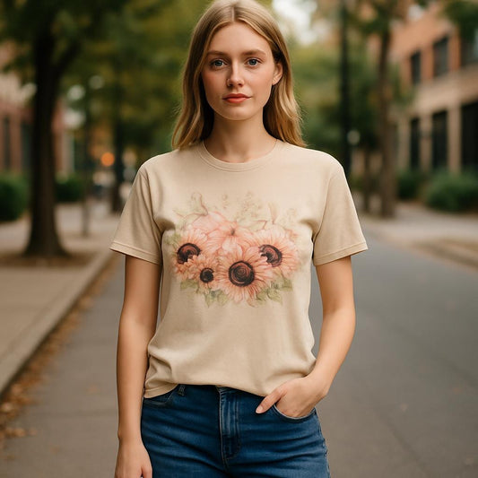 Sunflower & Pumpkins T-Shirt: Cream Cotton Fall Design