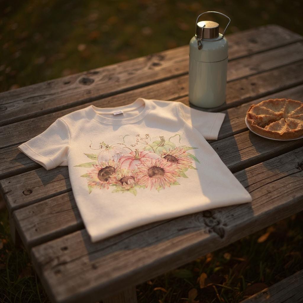 Sunflower & Pumpkins T-Shirt: Cream Cotton Fall Design