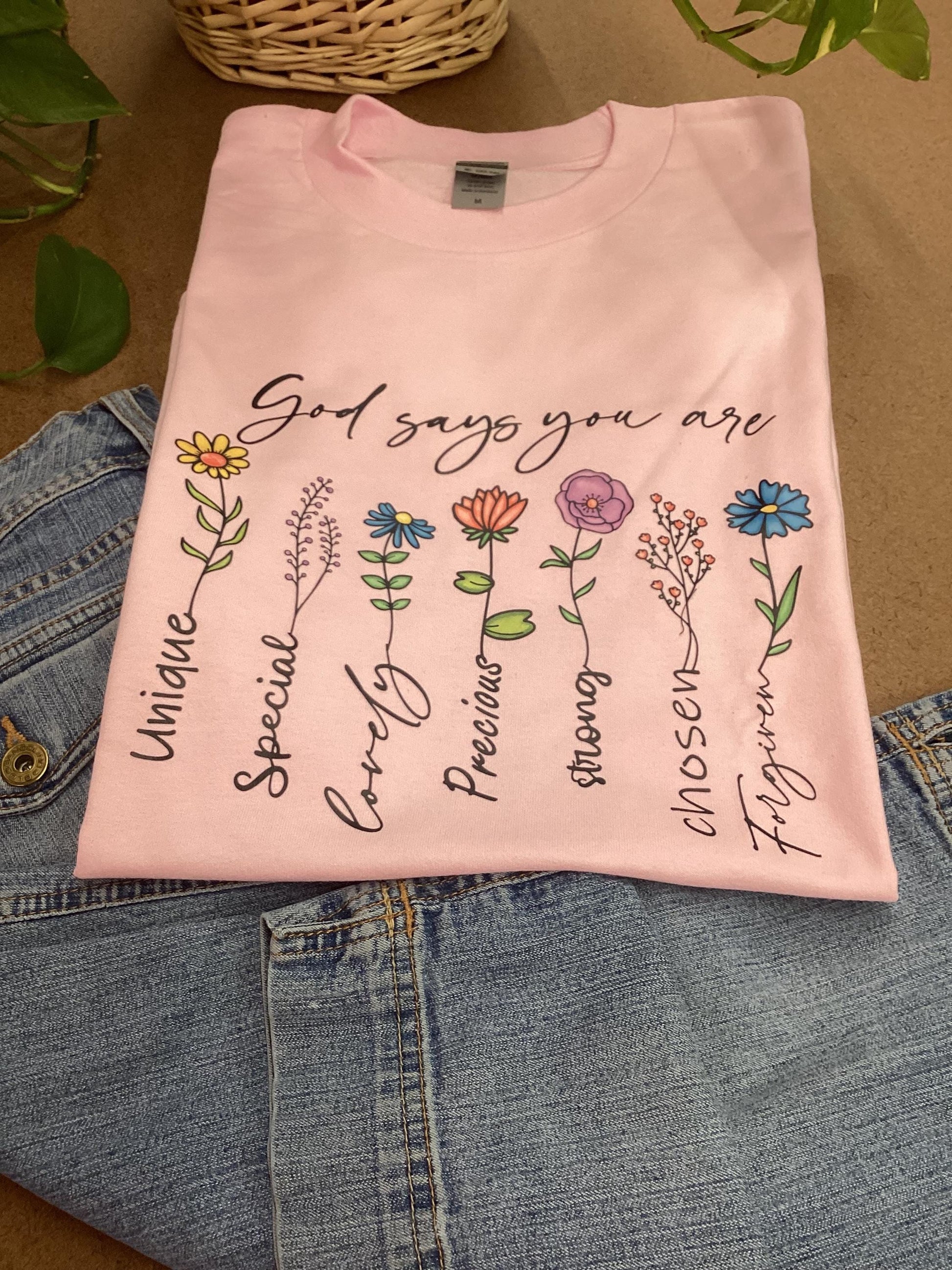 Inspirational Pink Floral T-Shirt: God Says You Are - Size M