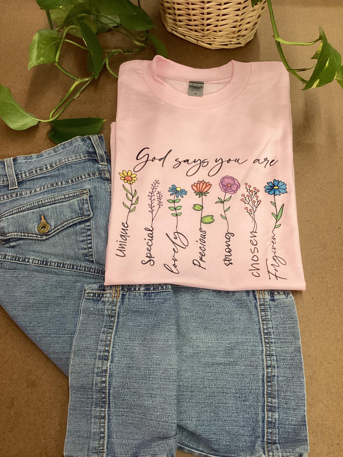 Inspirational Pink Floral T-Shirt: God Says You Are - Size M