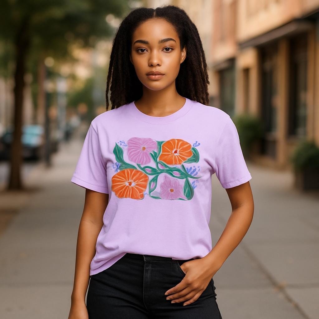 Cute Colorful flowers Pink T-shirt medium size 100% cotton