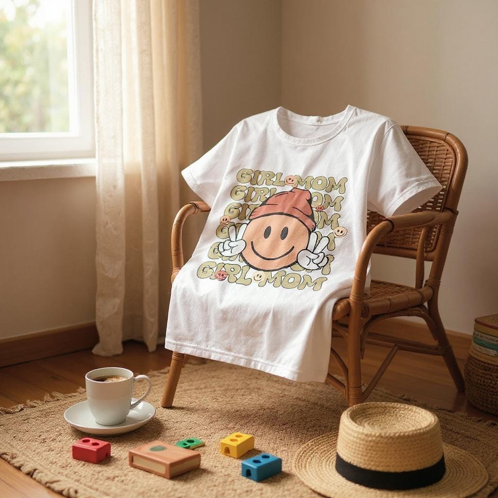 Girl Mom T-Shirt: Happy Face Graphic Tee - Size Large