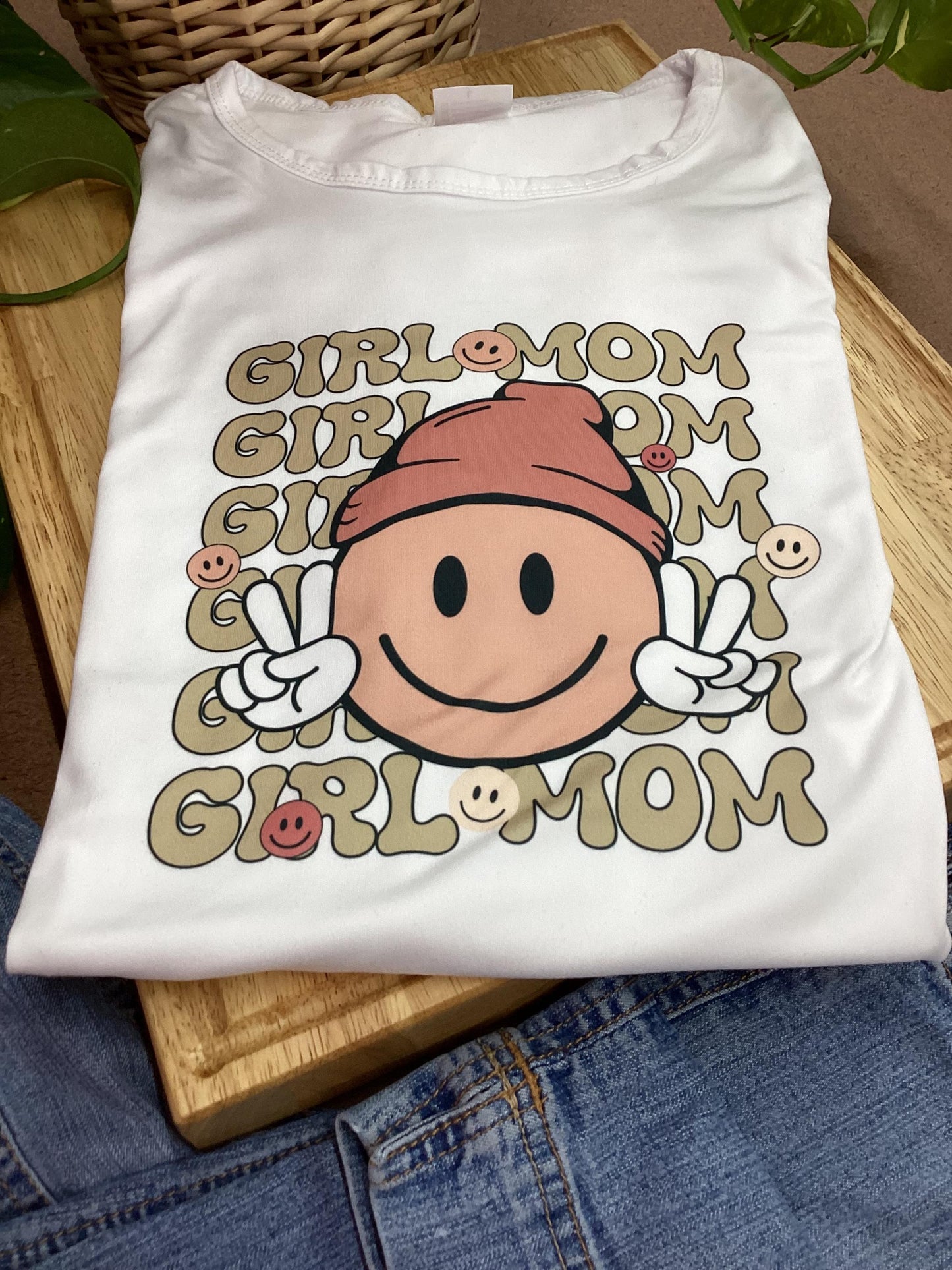 Girl Mom T-Shirt: Happy Face Graphic Tee - Size Large