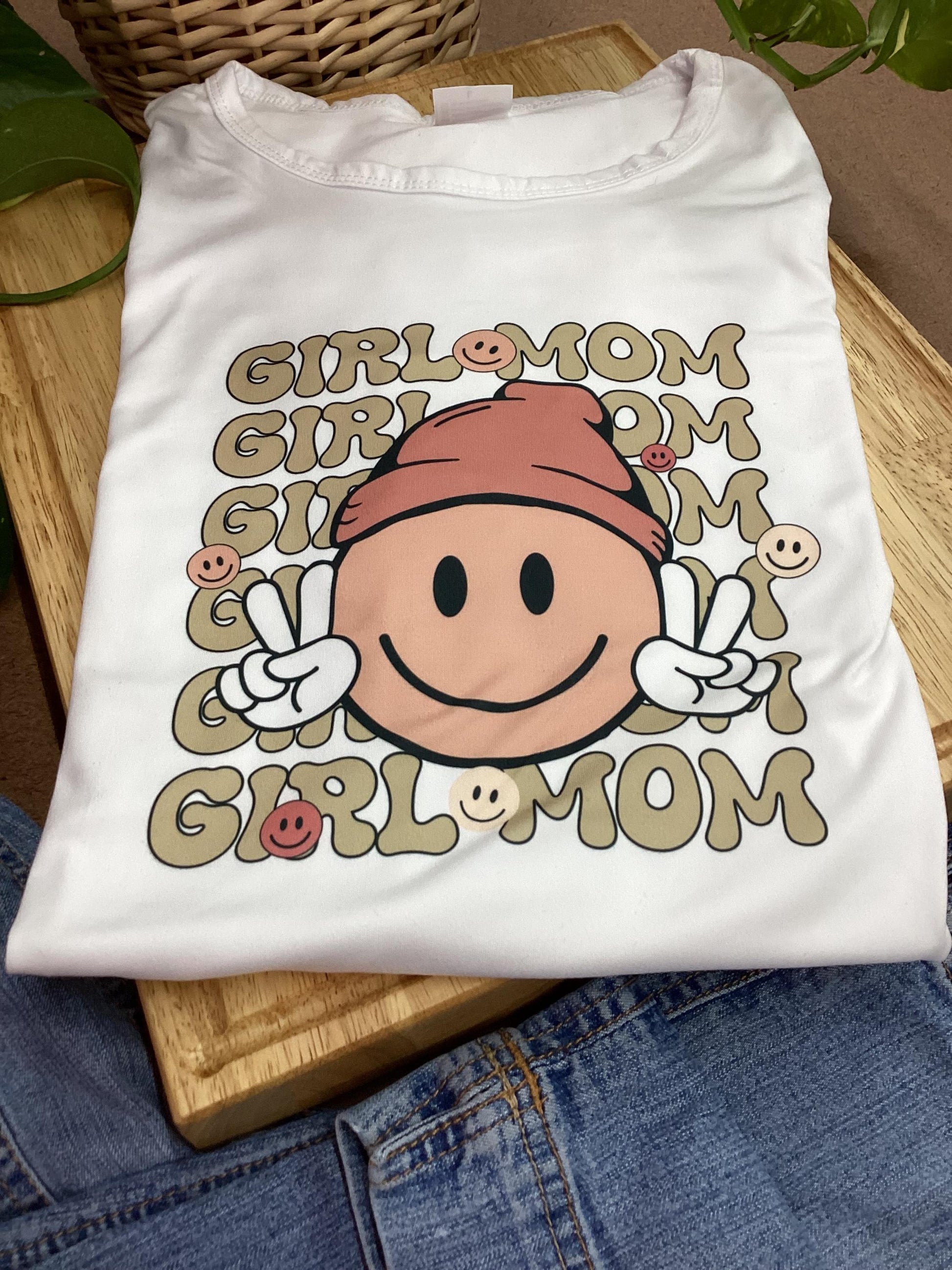 Girl Mom T-Shirt: Happy Face Graphic Tee - Size Large