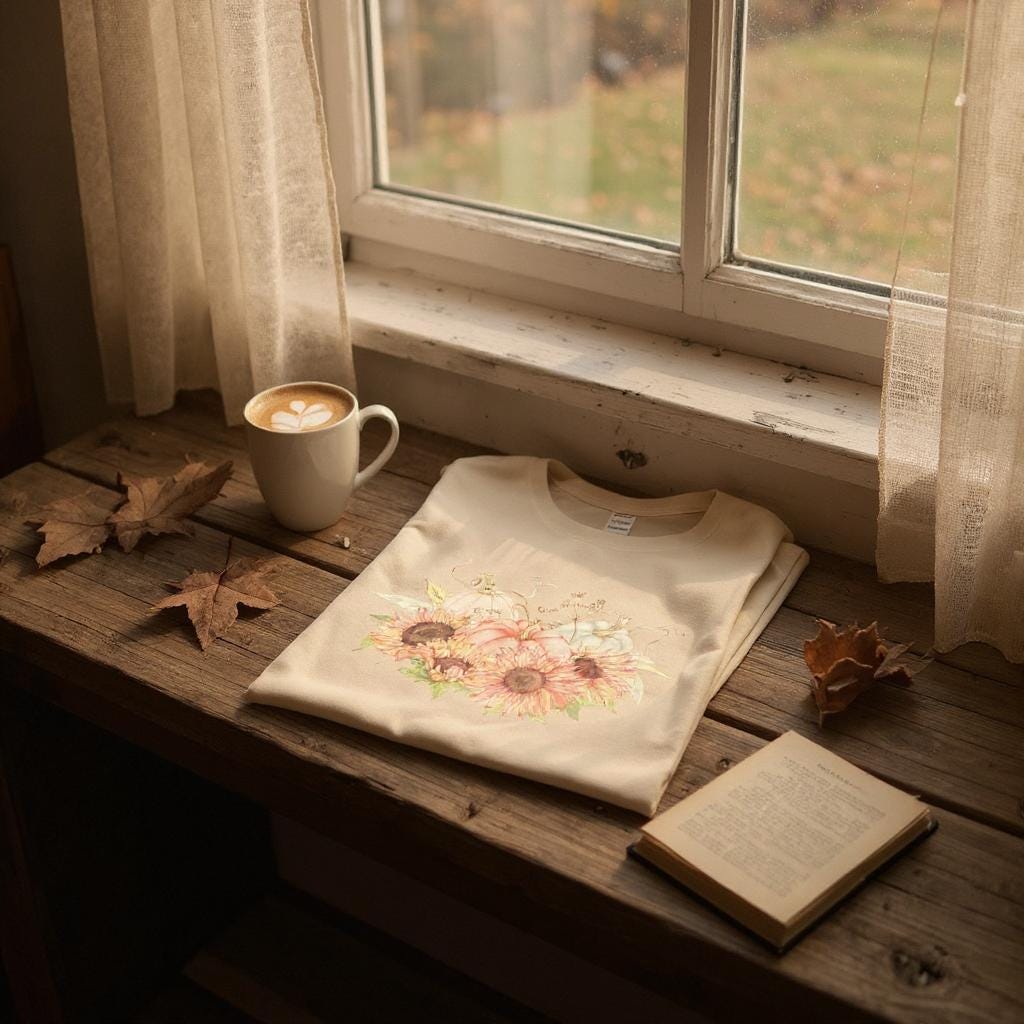Sunflower & Pumpkins T-Shirt: Cream Cotton Fall Design