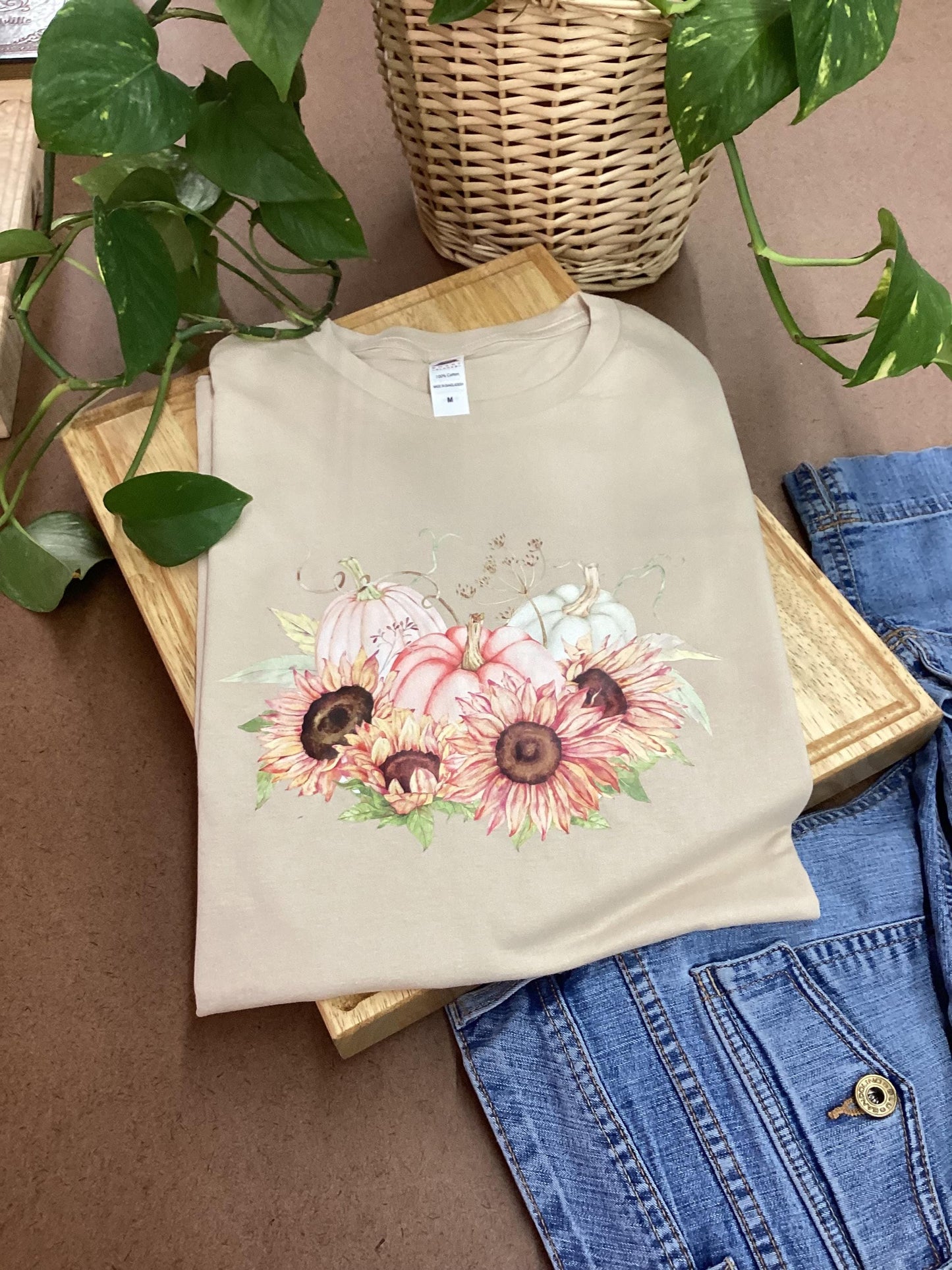 Sunflower & Pumpkins T-Shirt: Cream Cotton Fall Design