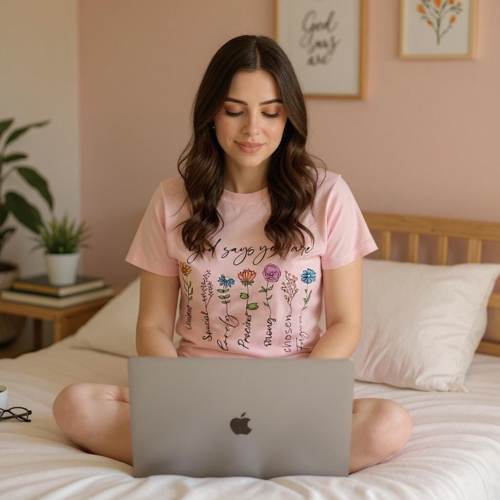 Inspirational Pink Floral T-Shirt: God Says You Are - Size M
