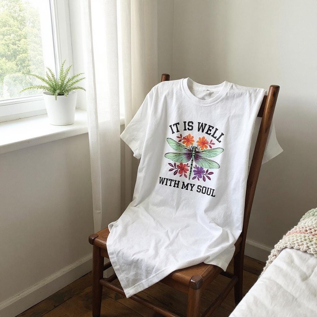 Cute "It Is Well With My Soul" T-shirt White Size Large, Beautiful Dragonfly T-Shirt