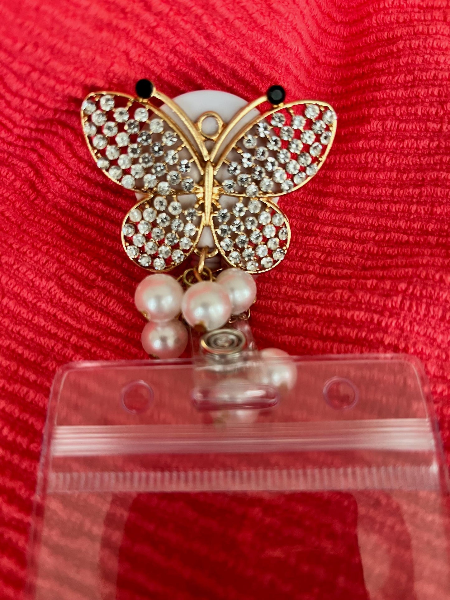 Butterfly Rhinestone Badge Reel: Bling ID Holder Clip