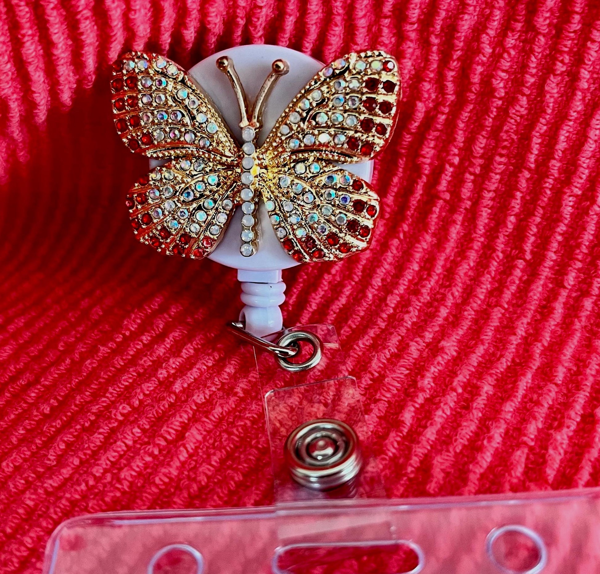 Butterfly Rhinestone Badge Reel: Bling ID Holder Clip
