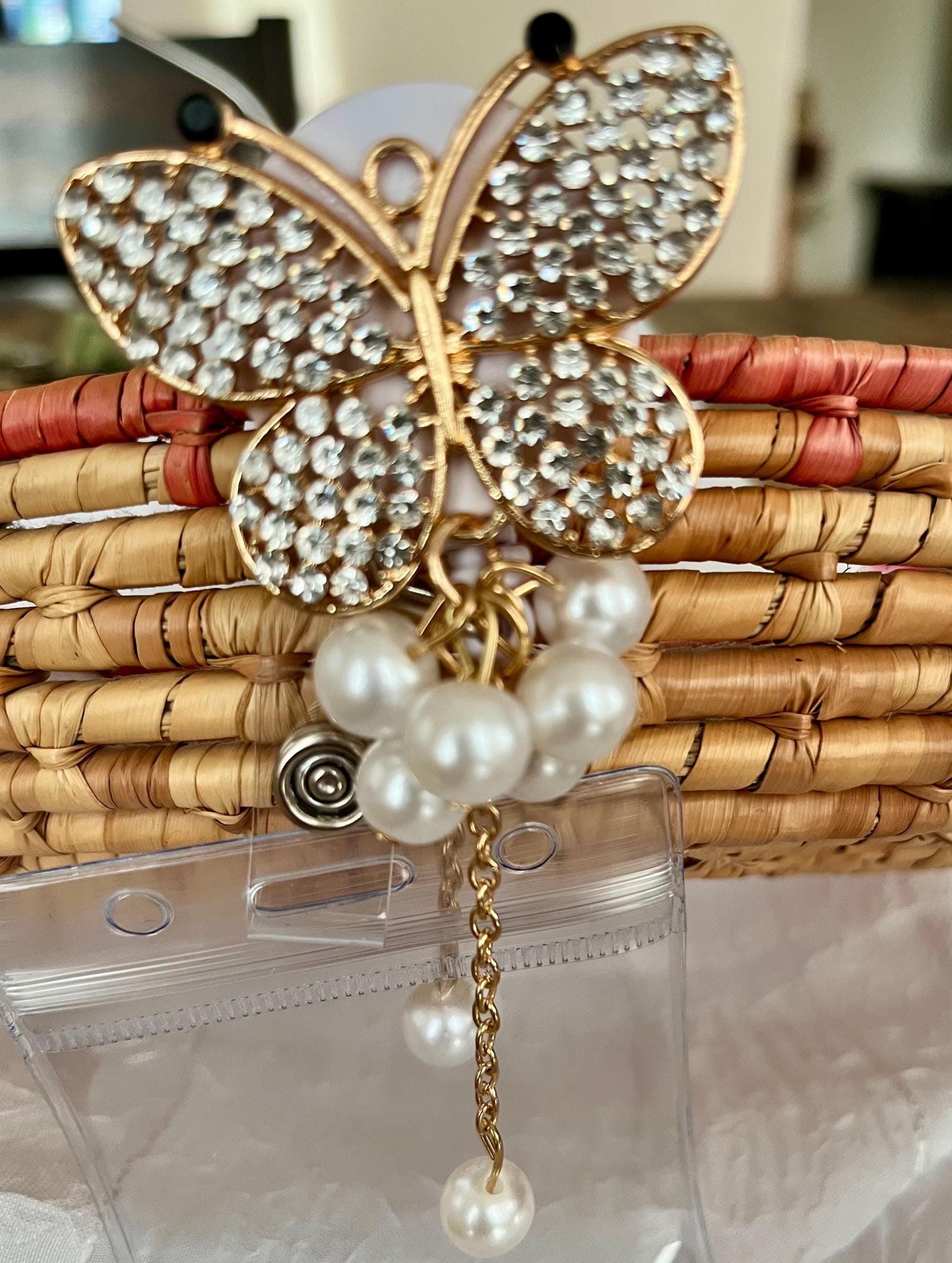 Butterfly Rhinestone Badge Reel: Bling ID Holder Clip