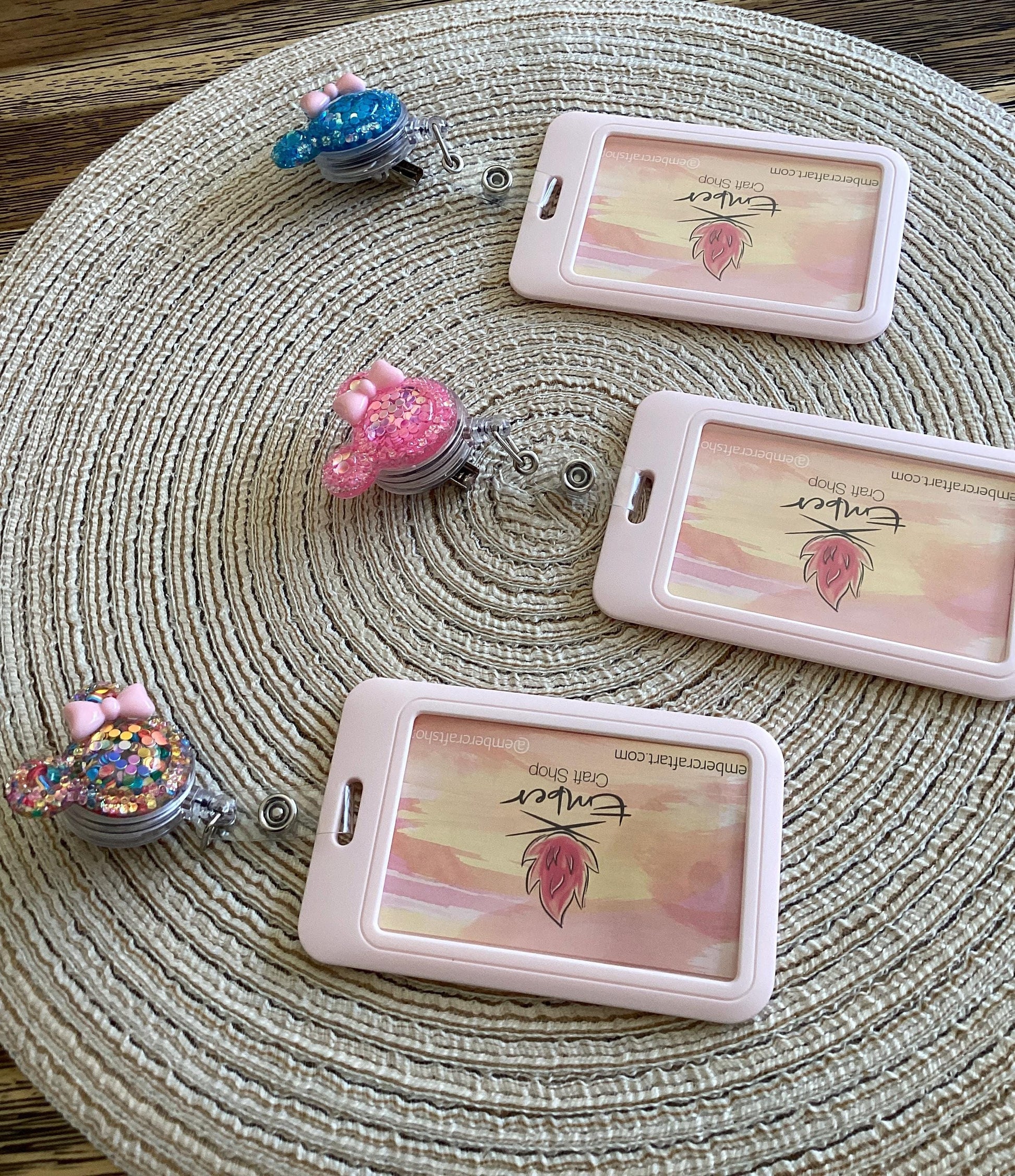 Cute Badge Holder, Bling Glitter Cartoon Mouse shape reel card holder with clip
