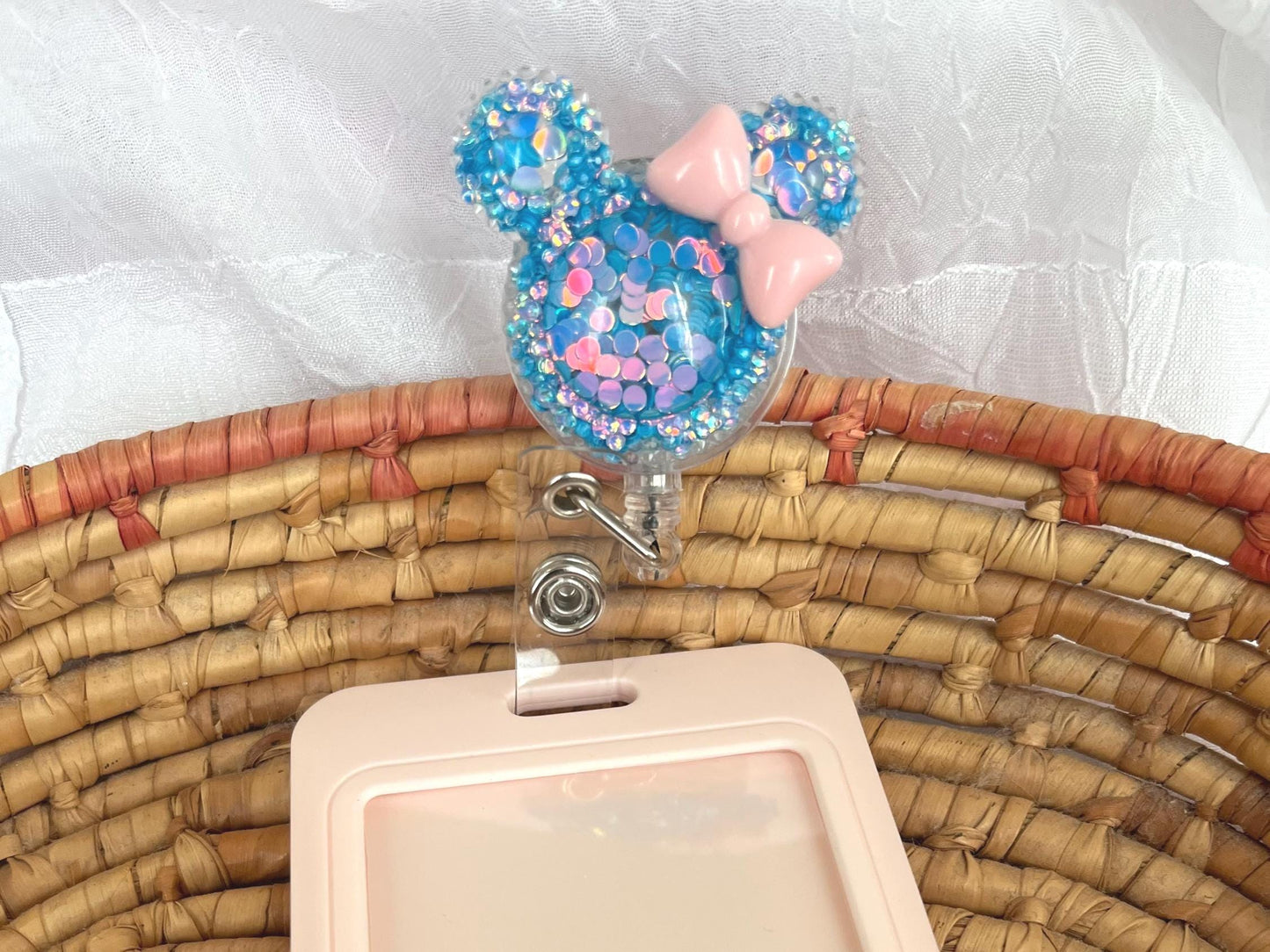 Cute Badge Holder, Bling Glitter Cartoon Mouse shape reel card holder with clip