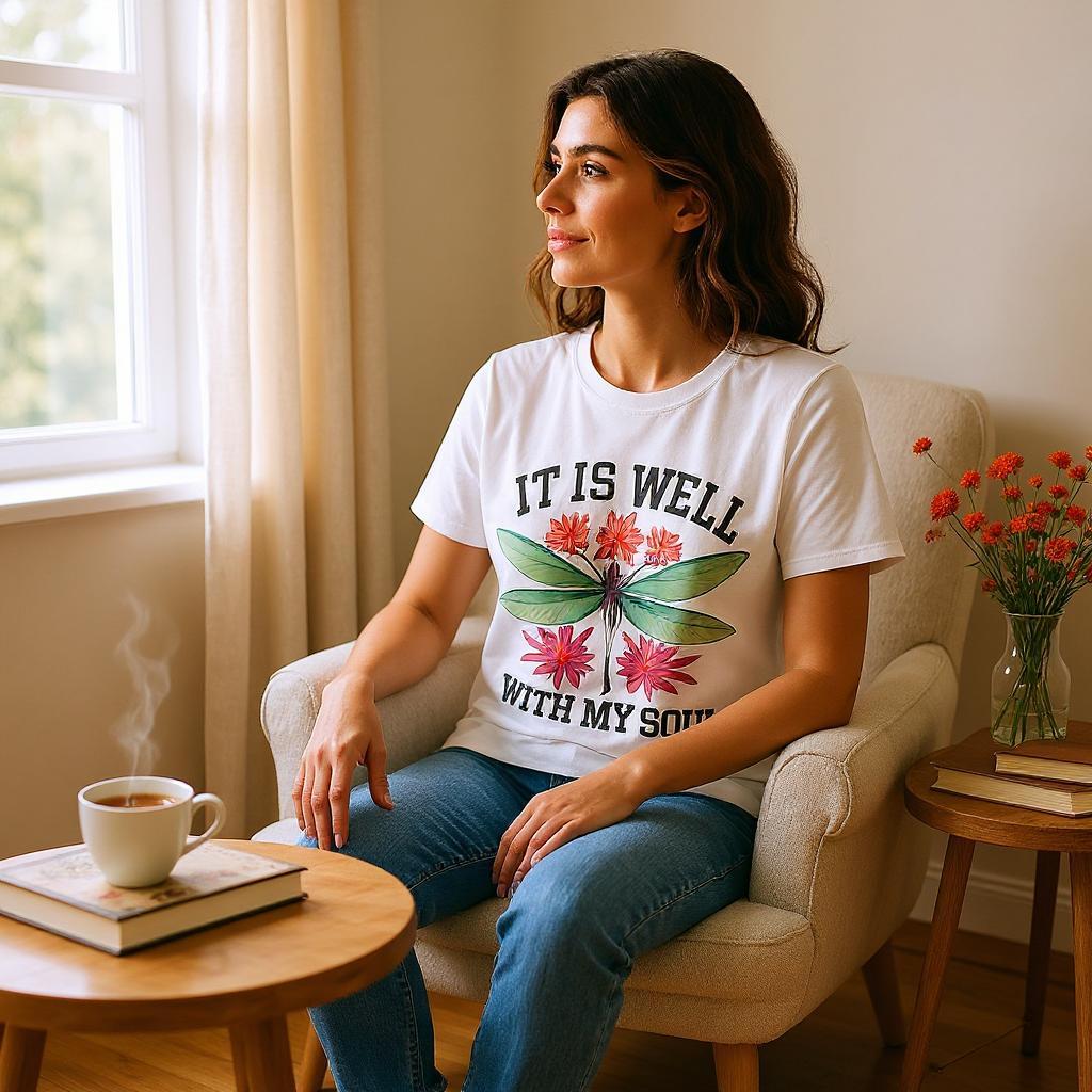 Cute "It Is Well With My Soul" T-shirt White Size Large, Beautiful Dragonfly T-Shirt