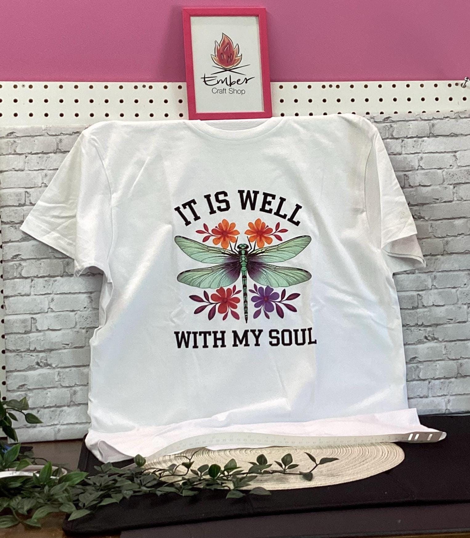 Cute "It Is Well With My Soul" T-shirt White Size Large, Beautiful Dragonfly T-Shirt
